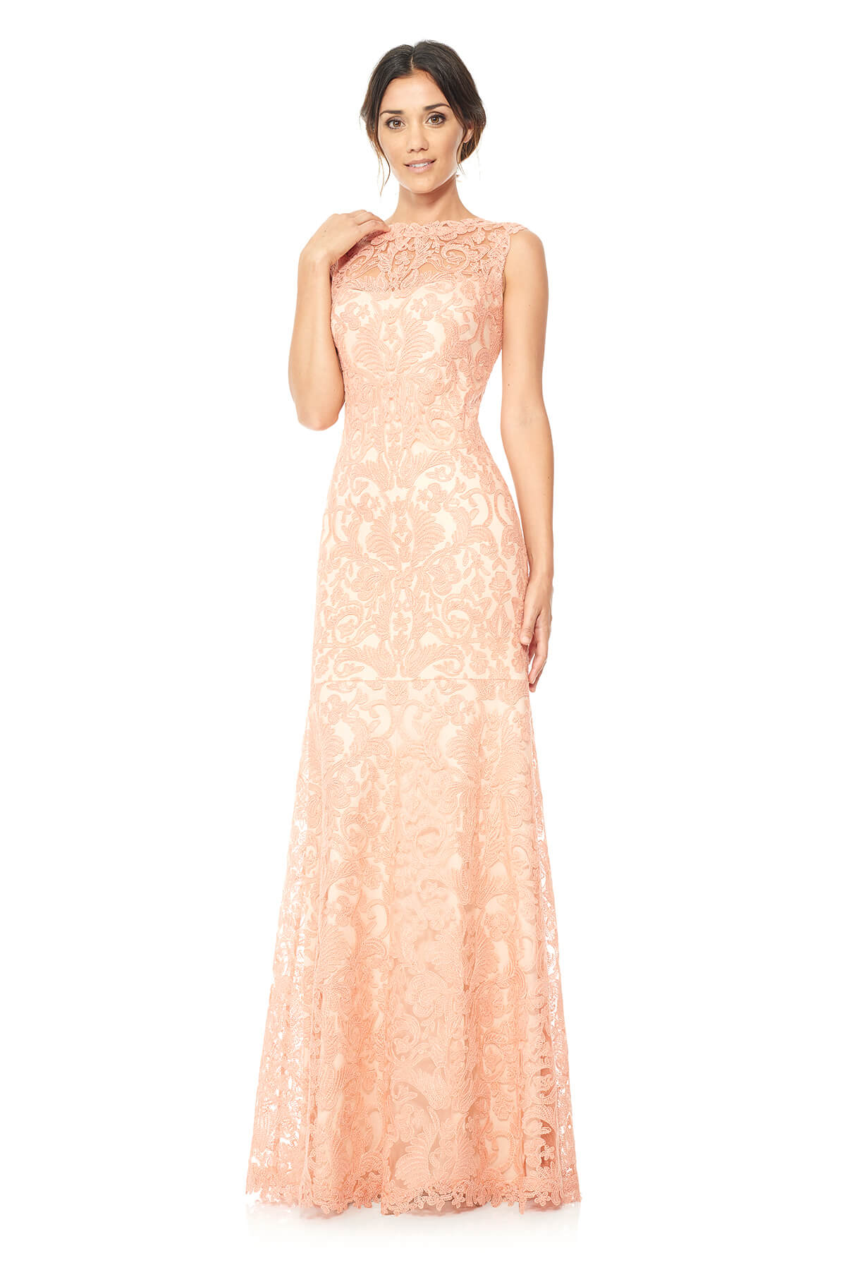 Tadashi Shoji - Corded Embroidery on Tulle Boatneck Gown