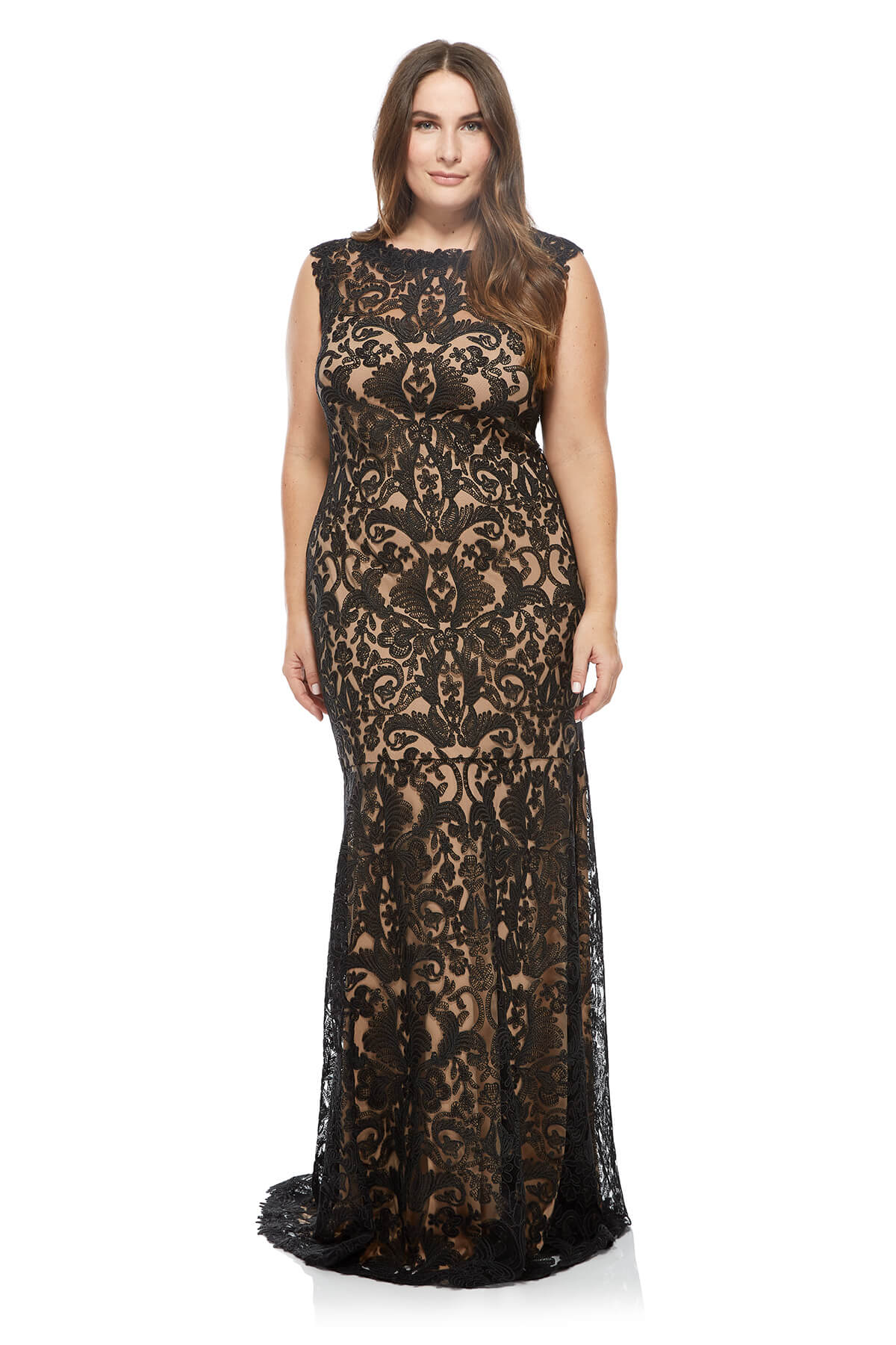 Tadashi Shoji Plus Size - Corded Embroidery on Tulle Boatneck Gown