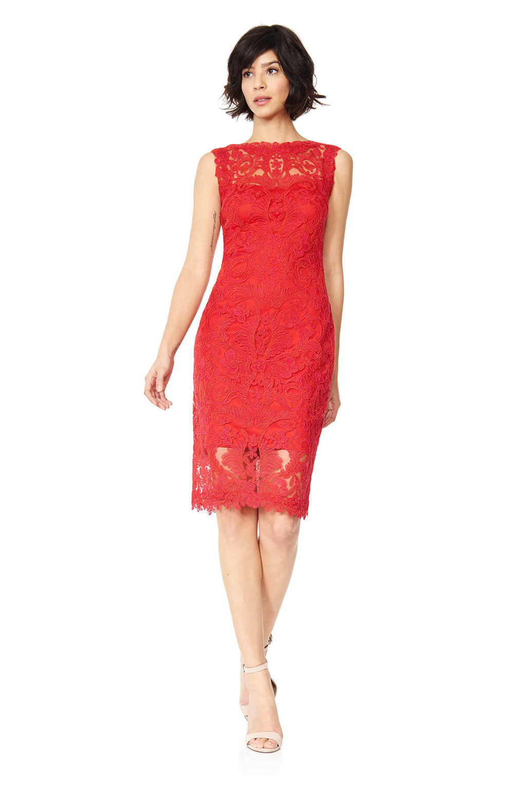 Tadashi Shoji - Corded Embroidery on Tulle Boatneck Dress