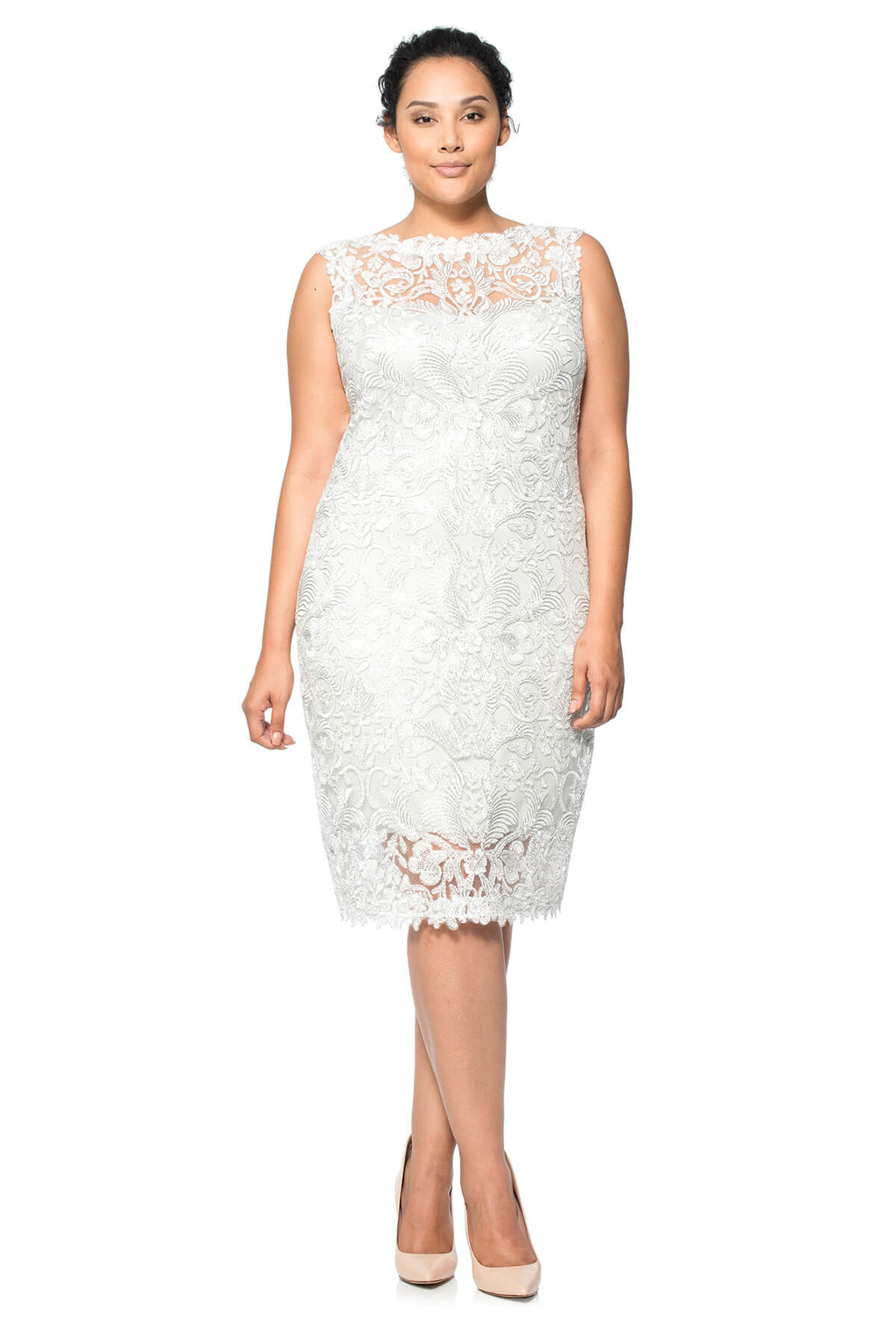 Tadashi Shoji Plus Size - Corded Embroidery on Tulle Boatneck Dress