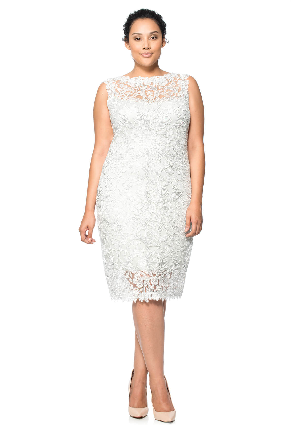 Tadashi Shoji Plus Size - Corded Embroidery on Tulle Boatneck Dress
