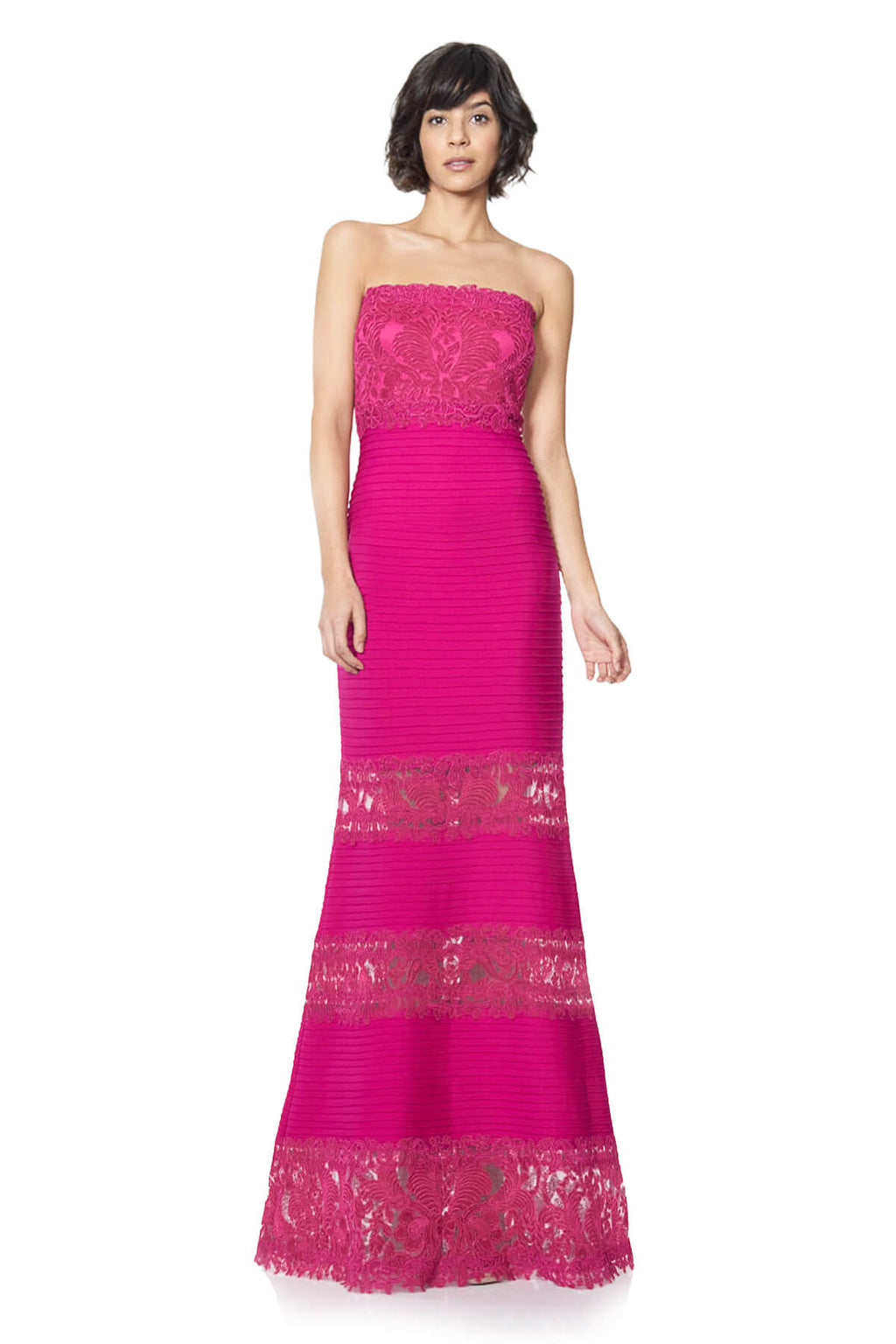 Tadashi Shoji - Corded Embroidery on Tulle Pintuck Jersey Gown