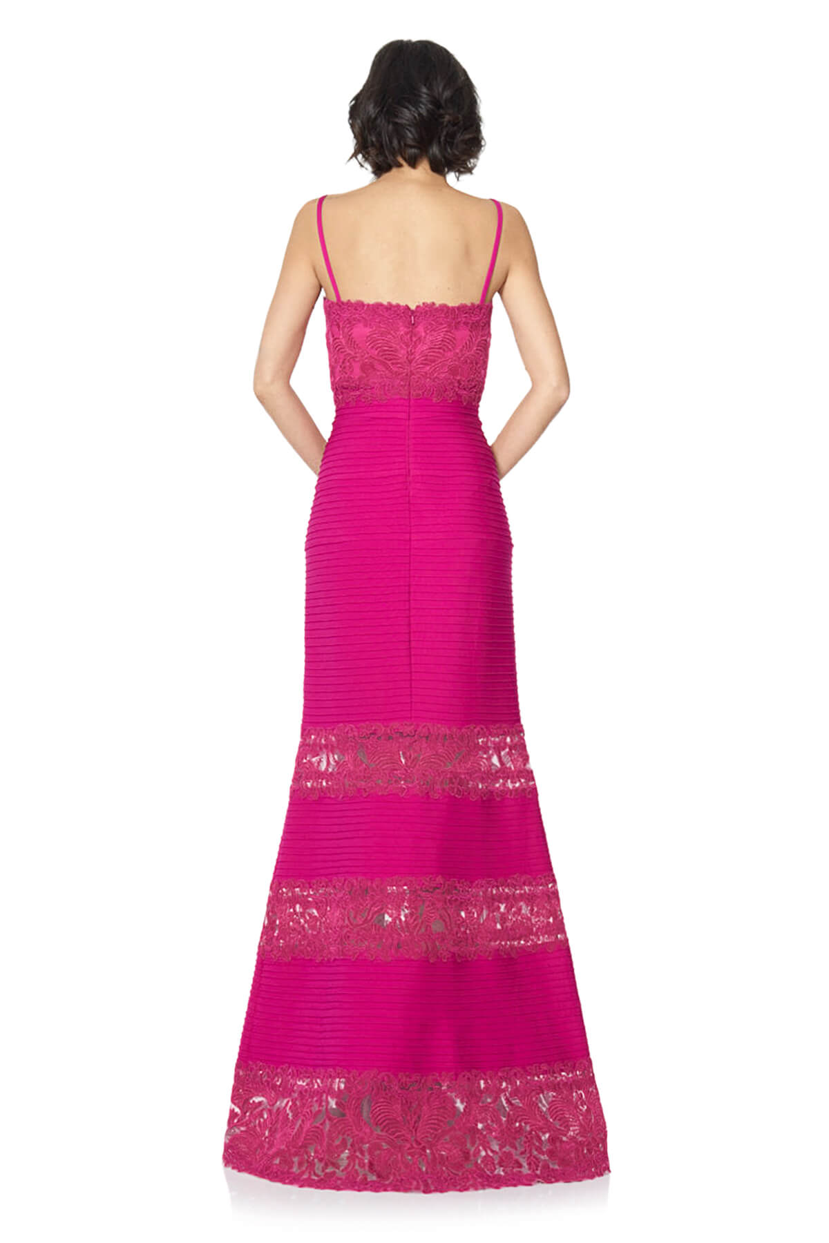 Tadashi Shoji - Corded Embroidery on Tulle Pintuck Jersey Gown
