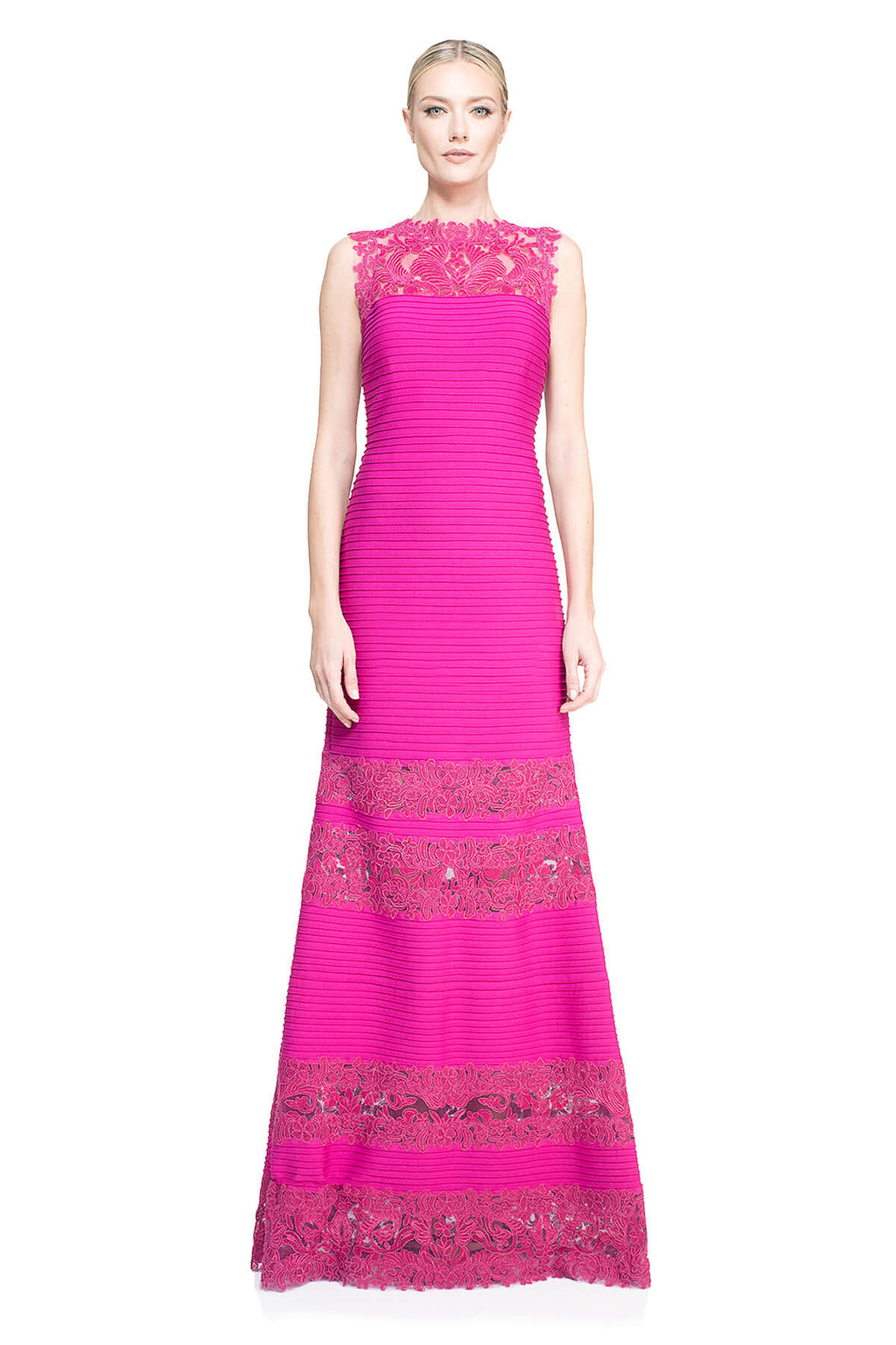 Tadashi Shoji - Corded Embroidery on Tulle Pintuck Jersey Boatneck Gown