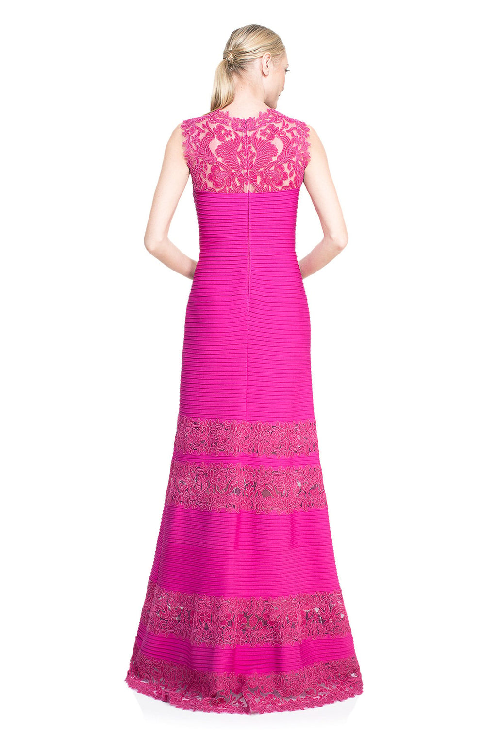 Tadashi Shoji - Corded Embroidery on Tulle Pintuck Jersey Boatneck Gown