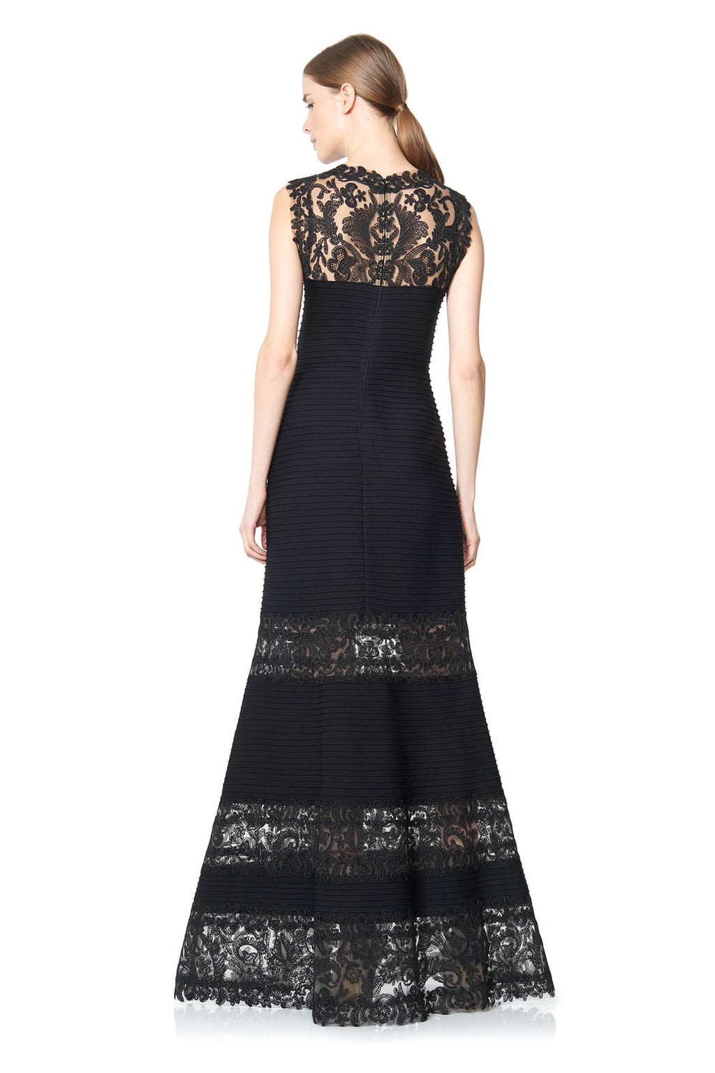 Tadashi Shoji - Corded Embroidery on Tull Pintuck Jersey Boatneck Gown