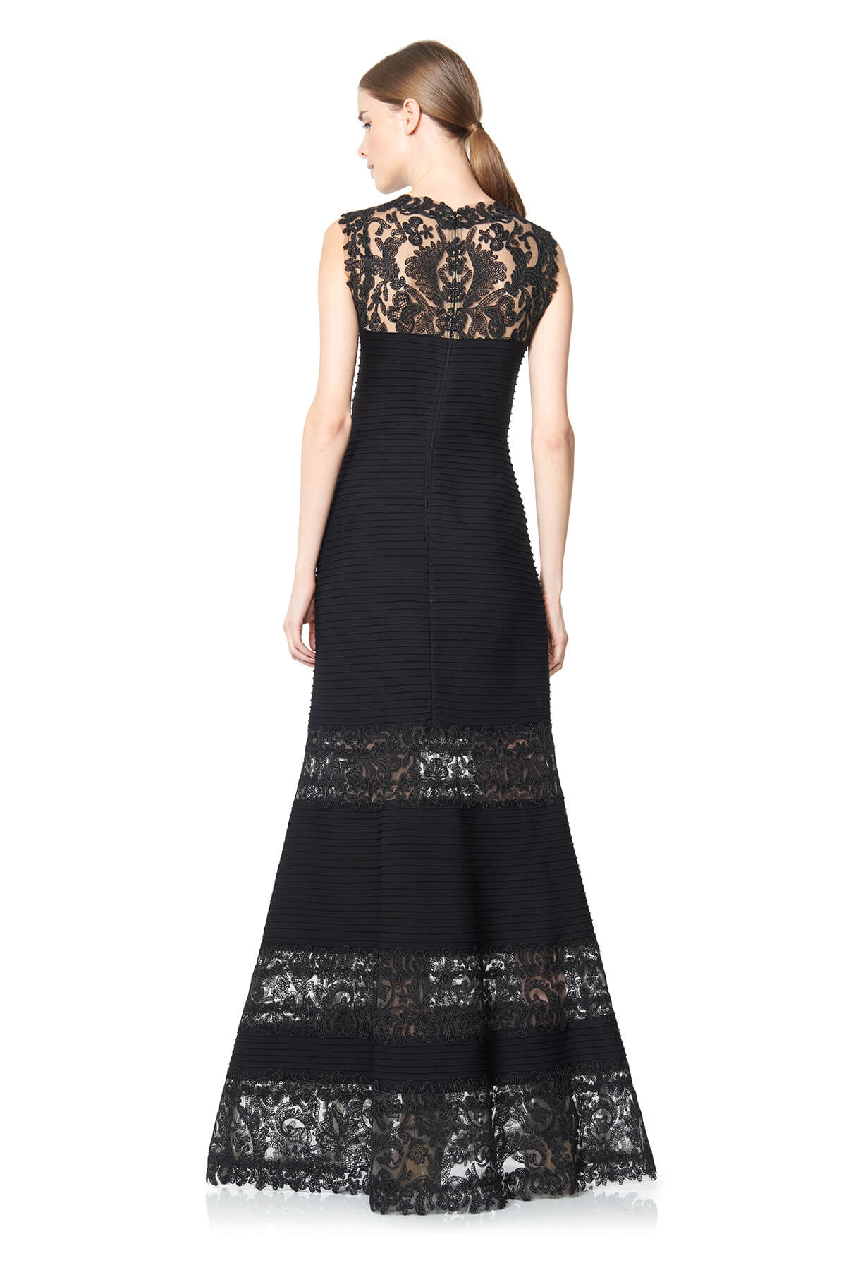 Tadashi Shoji - Corded Embroidery on Tull Pintuck Jersey Boatneck Gown