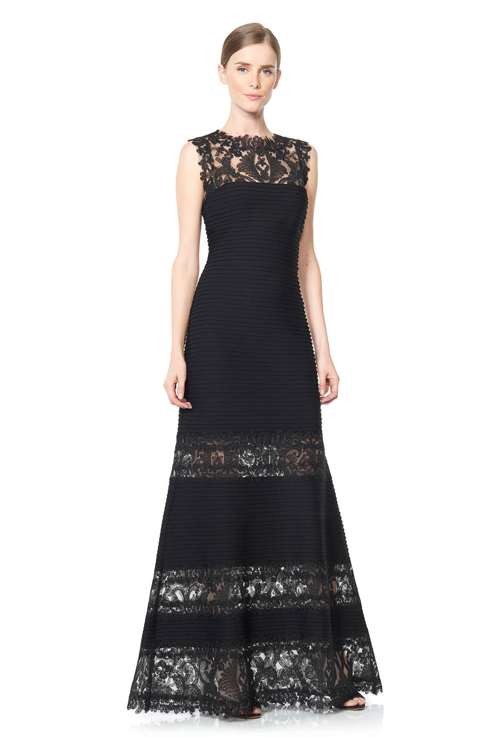 Tadashi Shoji - Corded Embroidery on Tull Pintuck Jersey Boatneck Gown