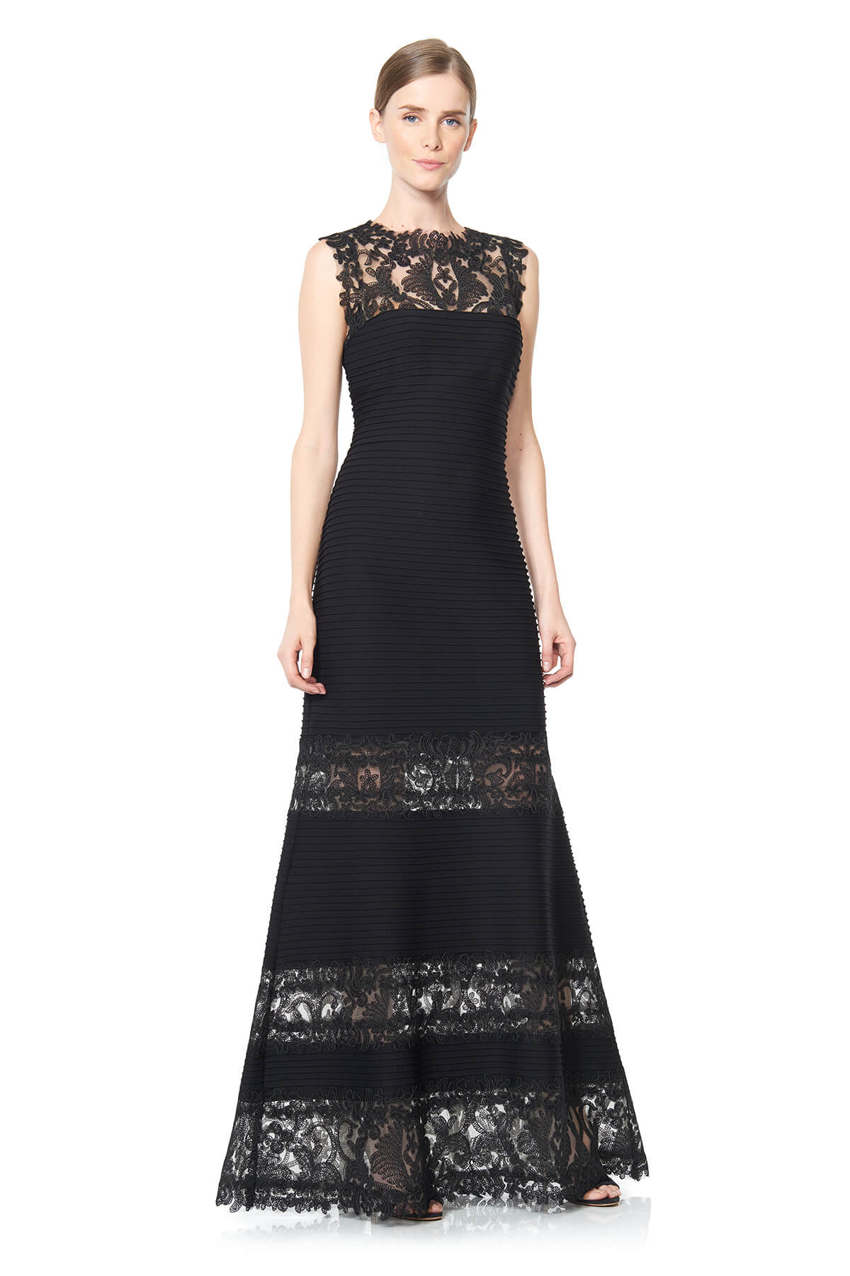 Tadashi Shoji - Corded Embroidery on Tull Pintuck Jersey Boatneck Gown