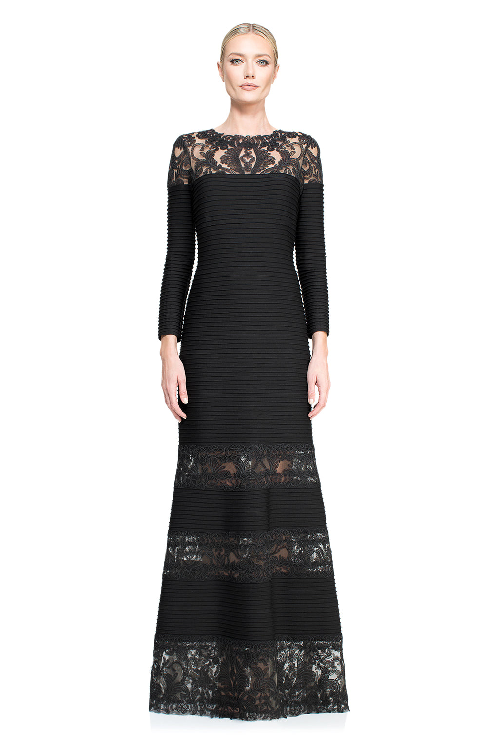 Tadashi Shoji - Corded Embroidery on Tulle Pintuck Jersey Boatneck Gown
