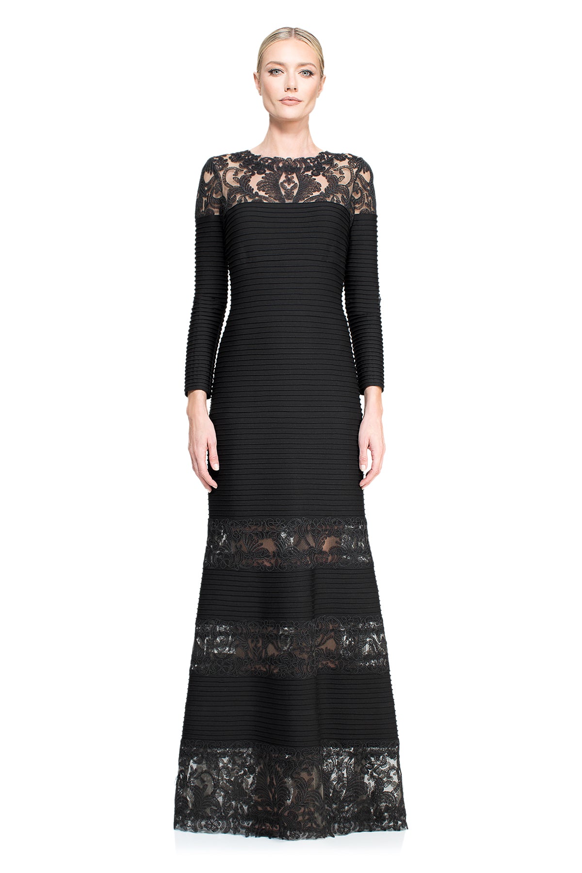 Tadashi Shoji - Corded Embroidery on Tulle Pintuck Jersey Boatneck Gown