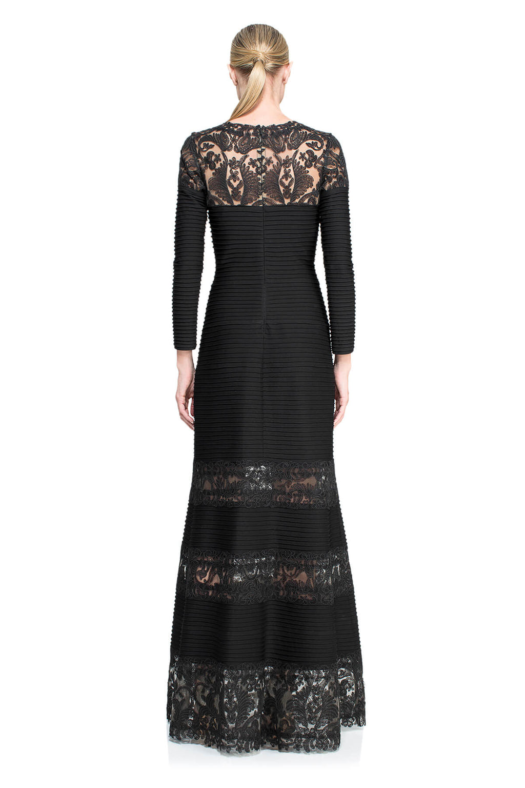Tadashi Shoji - Corded Embroidery on Tulle Pintuck Jersey Boatneck Gown