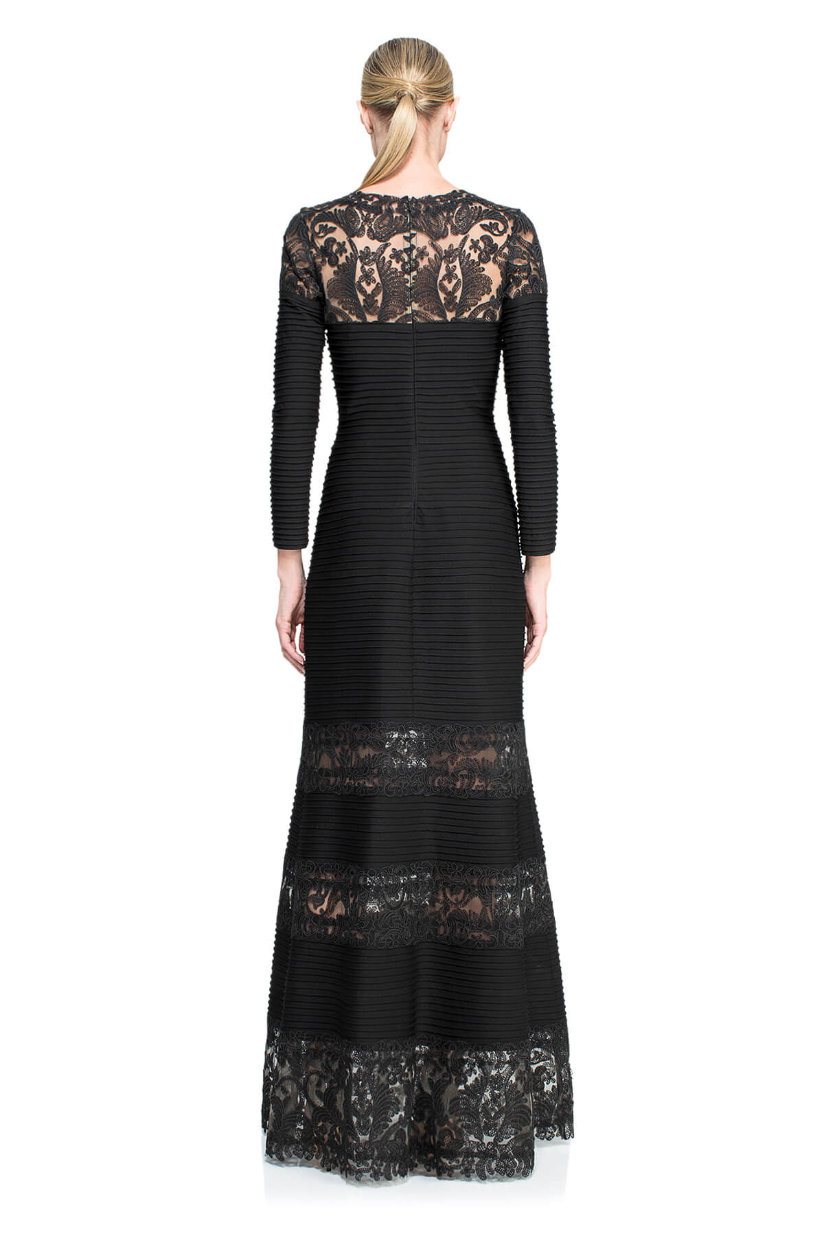 Tadashi Shoji - Corded Embroidery on Tulle Pintuck Jersey Boatneck Gown