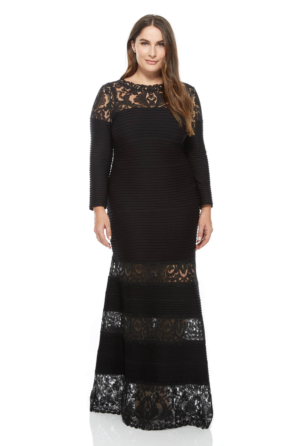 Tadashi Shoji Plus Size - Corded Embroidery on Tulle Pintuck Jersey Boatneck Gown