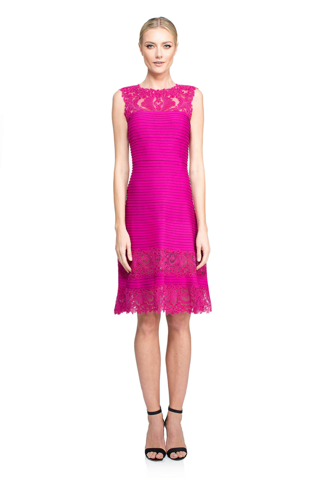 Tadashi Shoji - Corded Embroidery on Tulle Pintuck Jersey Boatneck Dress