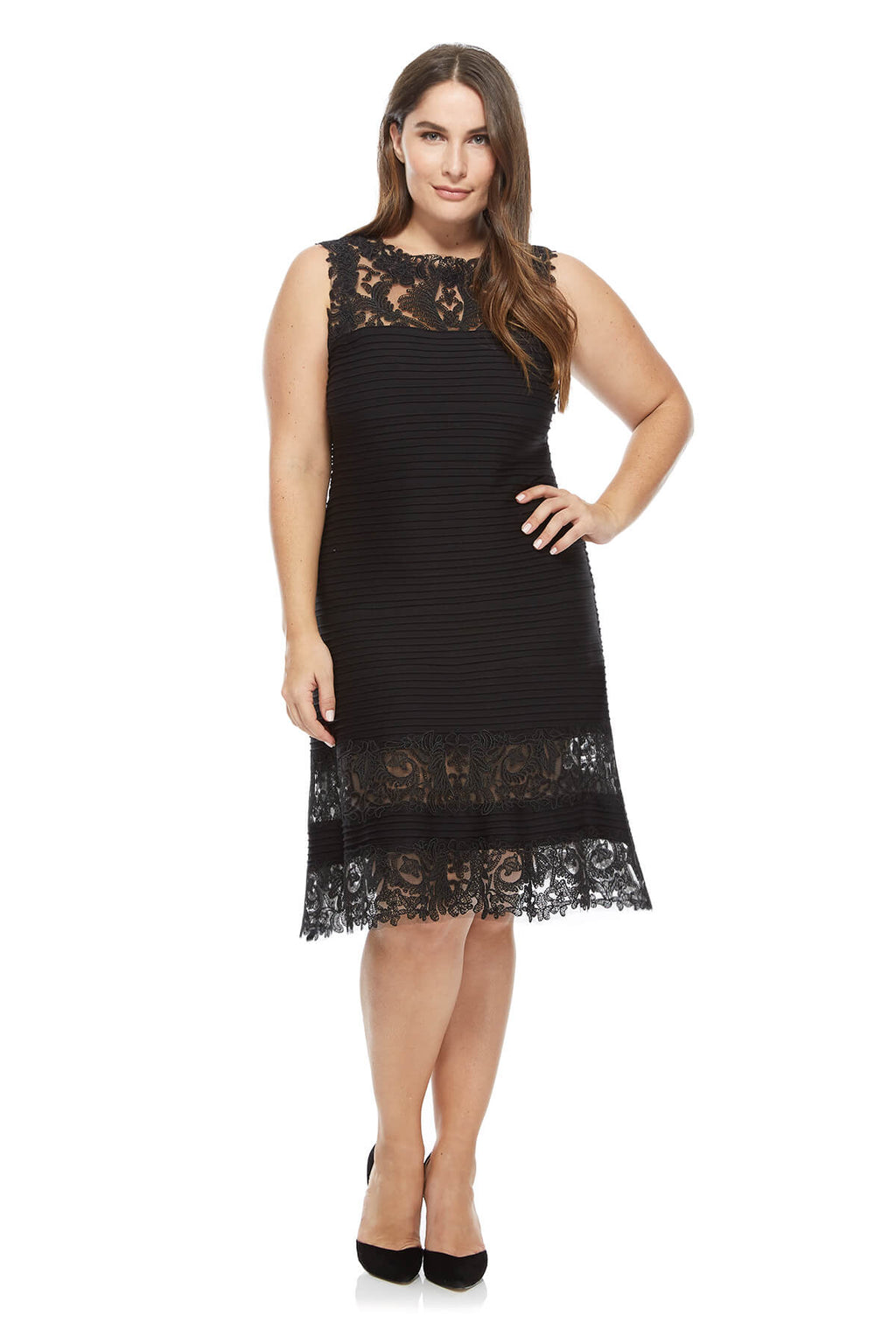 Tadashi Shoji Plus Size - Corded Embroidery on Tulle Pintuck Jersey Boatneck Dress