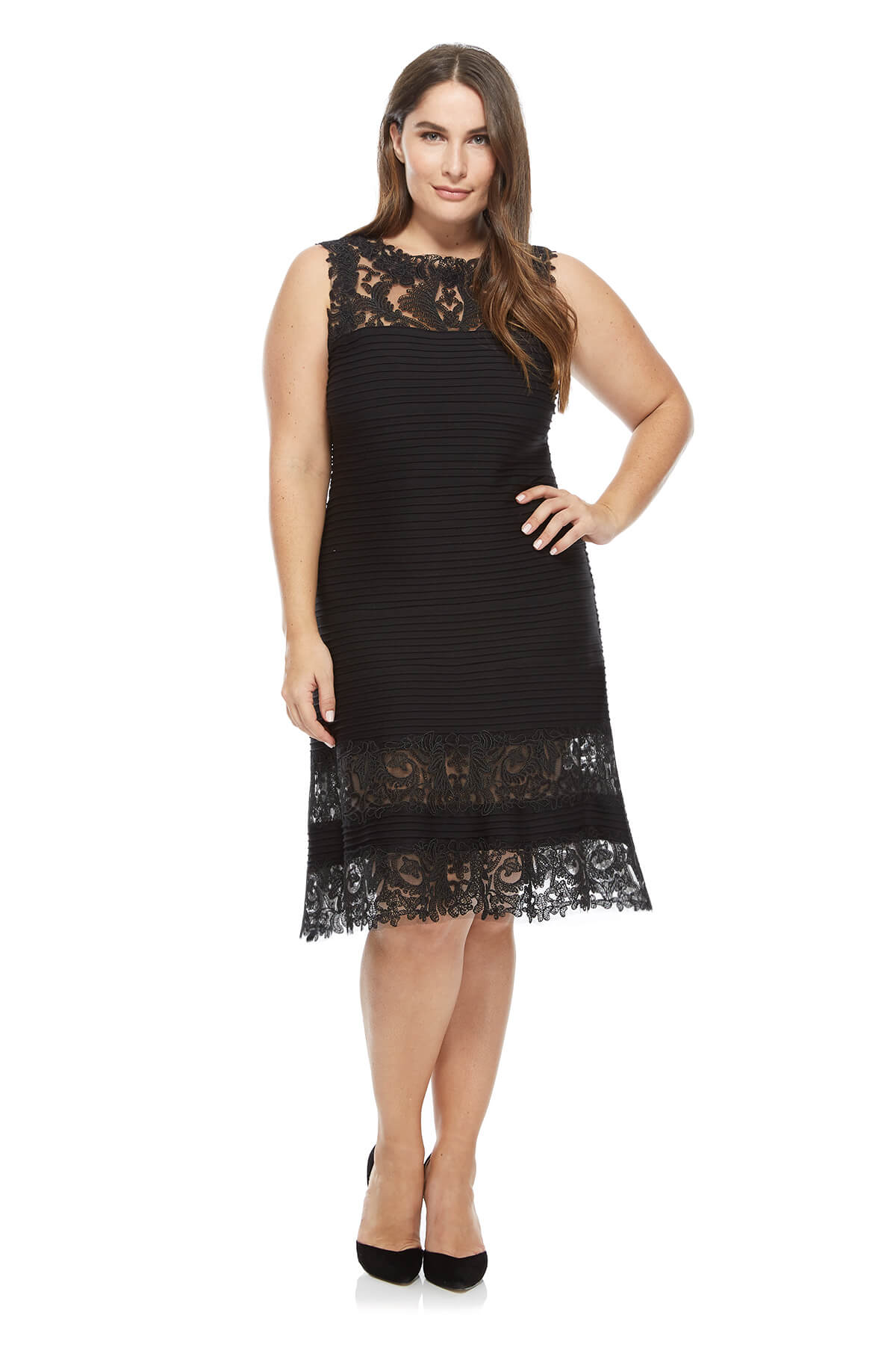 Tadashi Shoji Plus Size - Corded Embroidery on Tulle Pintuck Jersey Boatneck Dress