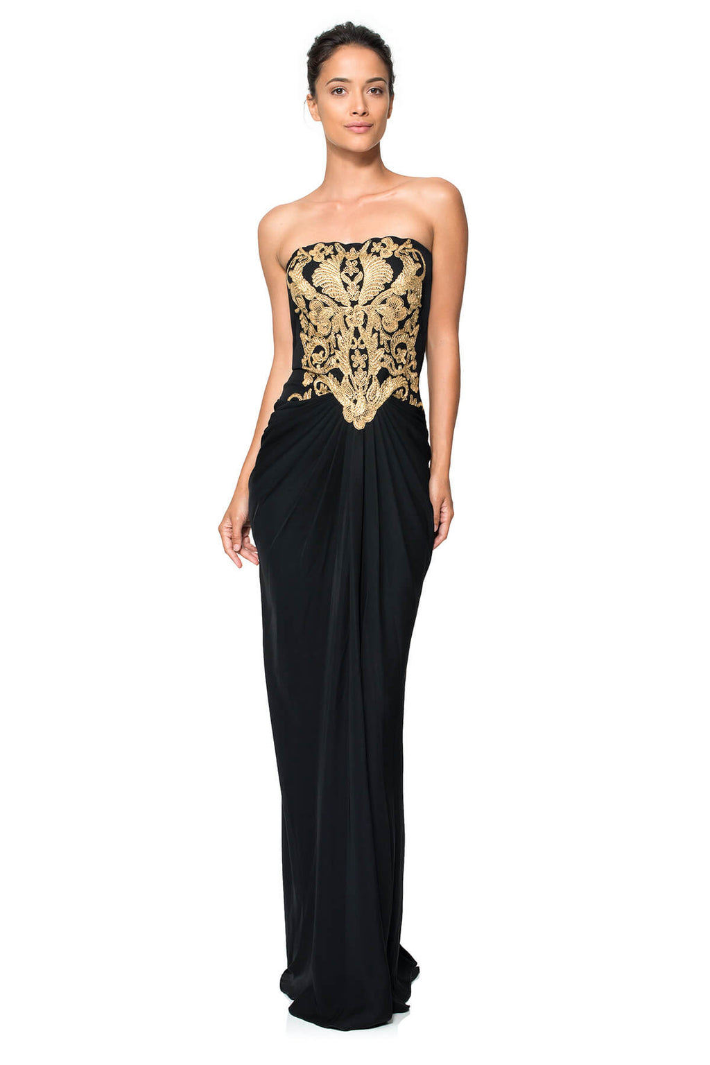 Crepe Strapless Gown with Metallic Corded Embroidery Bodice