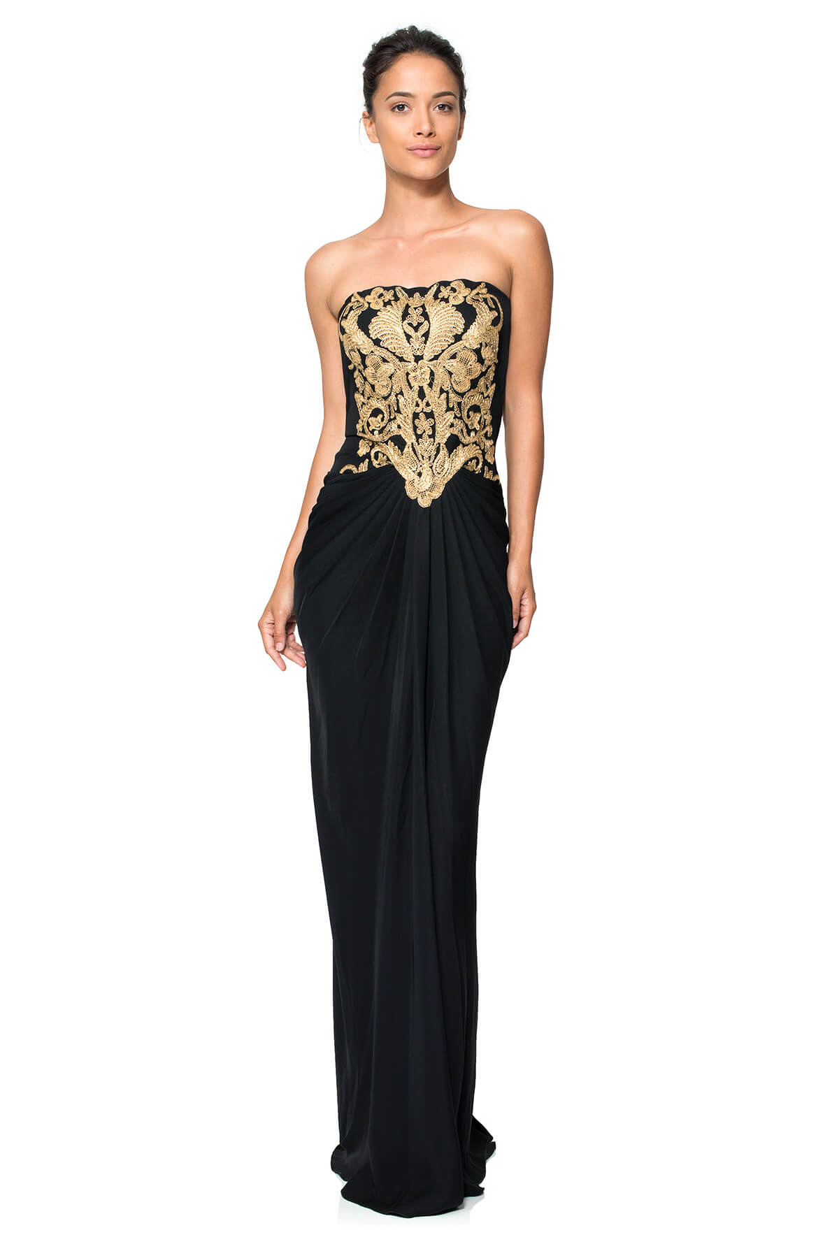 Crepe Strapless Gown with Metallic Corded Embroidery Bodice