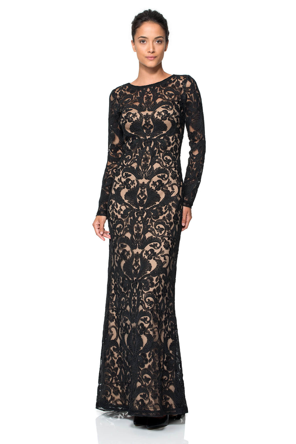 Corded Embroidery on Tulle Long Sleeve Gown