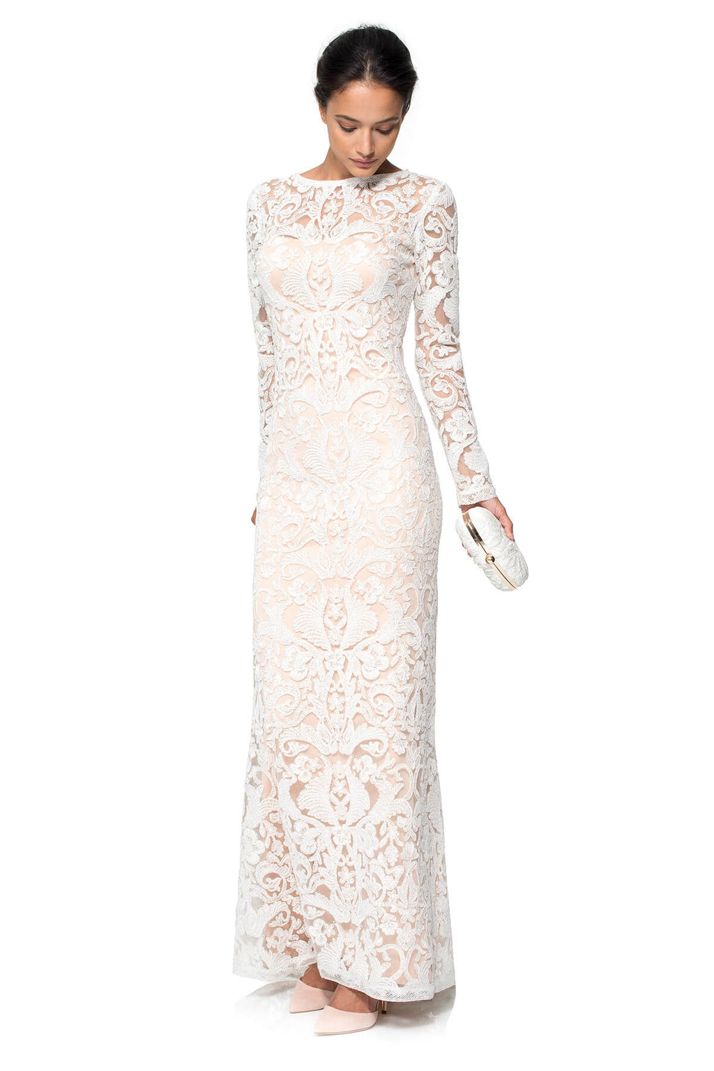 Corded Embroidery on Tulle Long Sleeve Gown