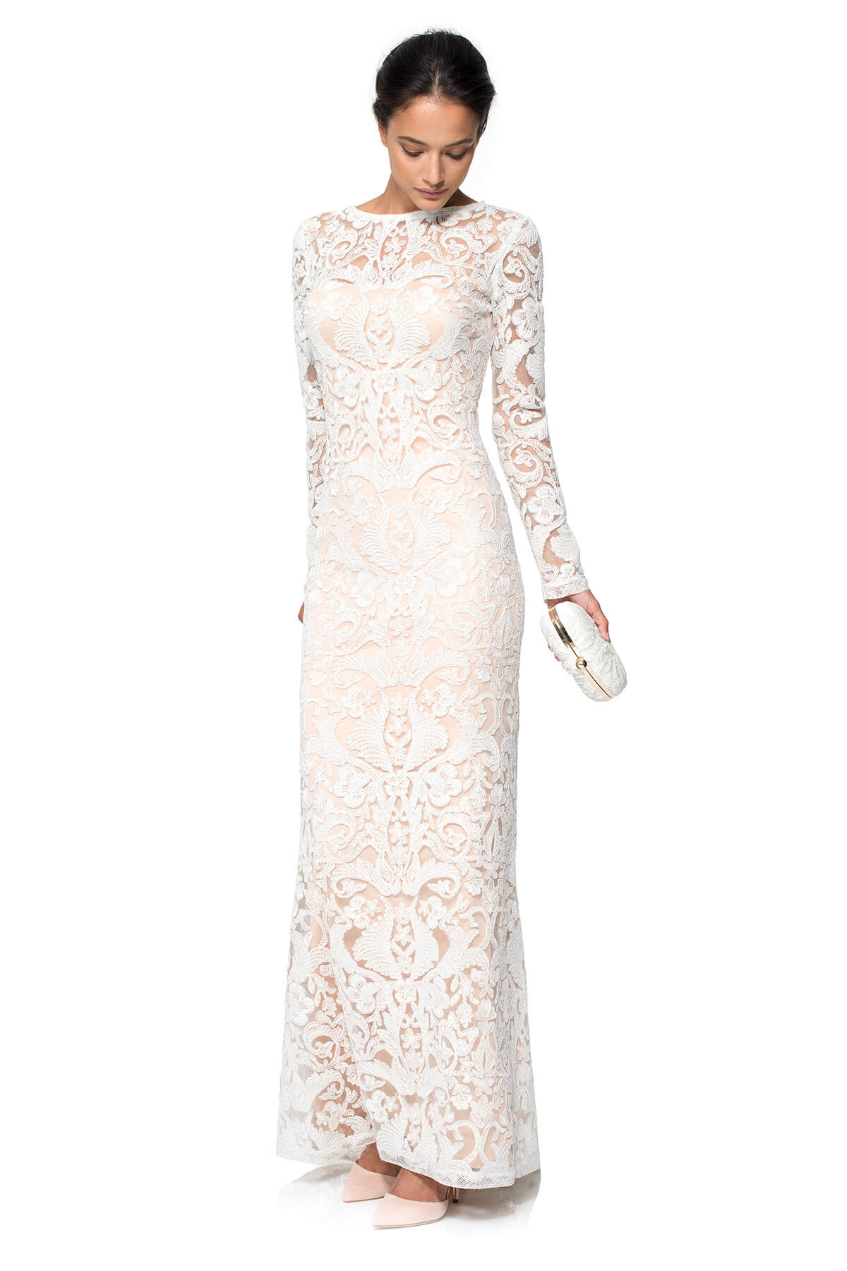 Corded Embroidery on Tulle Long Sleeve Gown