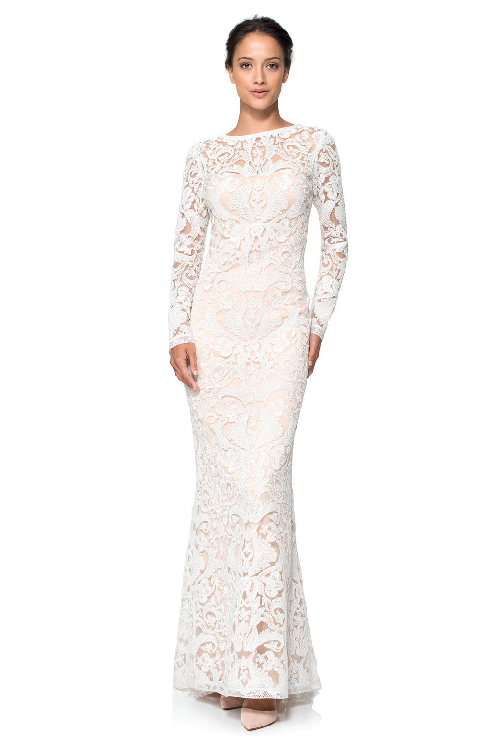 Corded Embroidery on Tulle Long Sleeve Gown