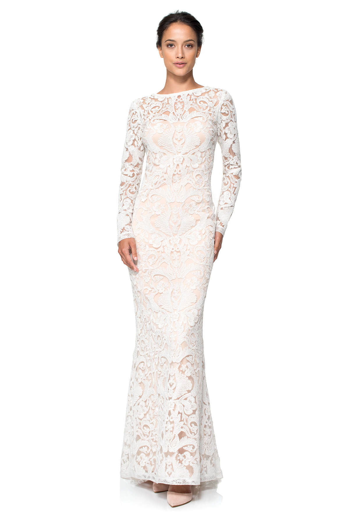 Corded Embroidery on Tulle Long Sleeve Gown