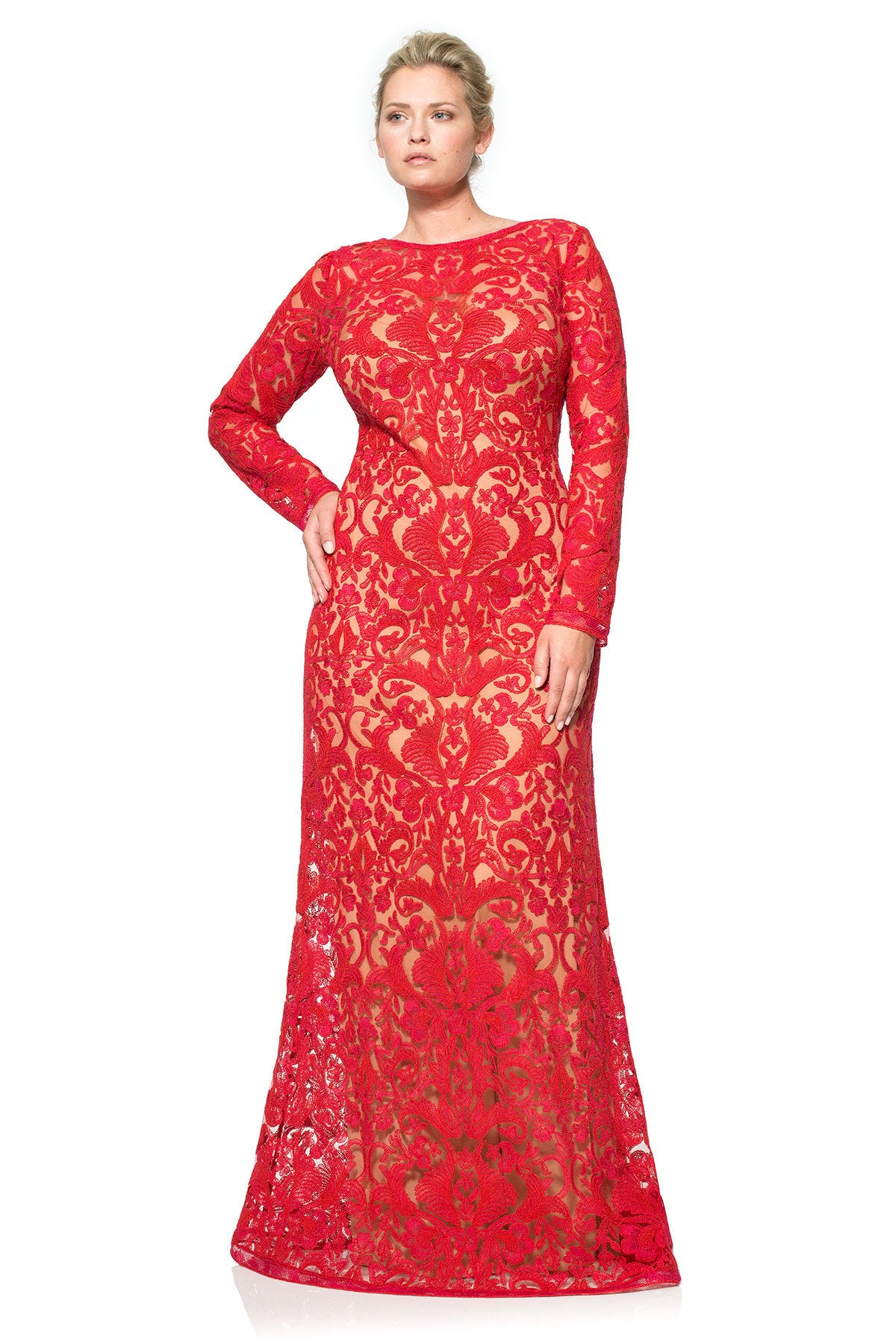 Corded Embroidery on Tulle Long Sleeve Gown