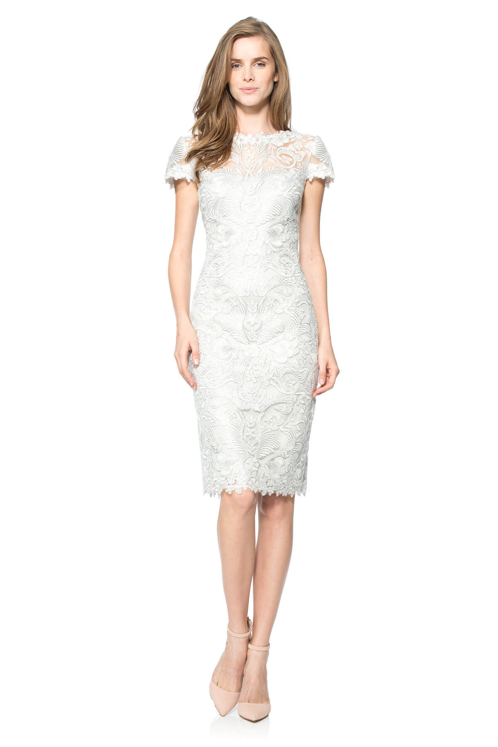 Corded Embroidery on Tulle Cap Sleeve Dress
