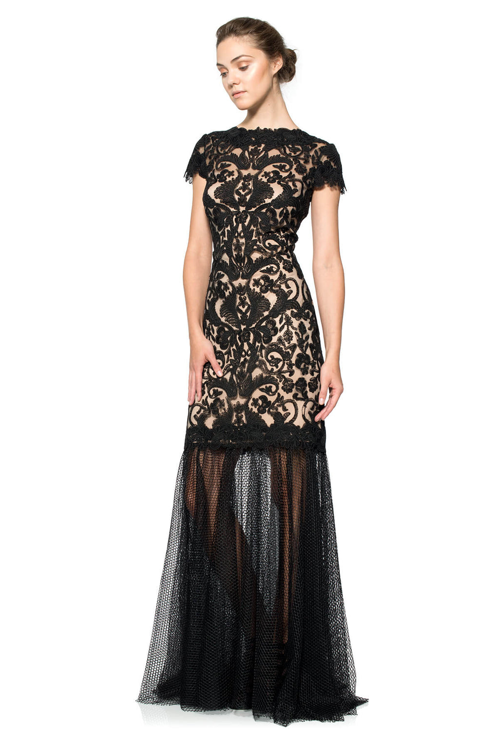 Corded Embroidery on Tulle Cap Sleeve Gown