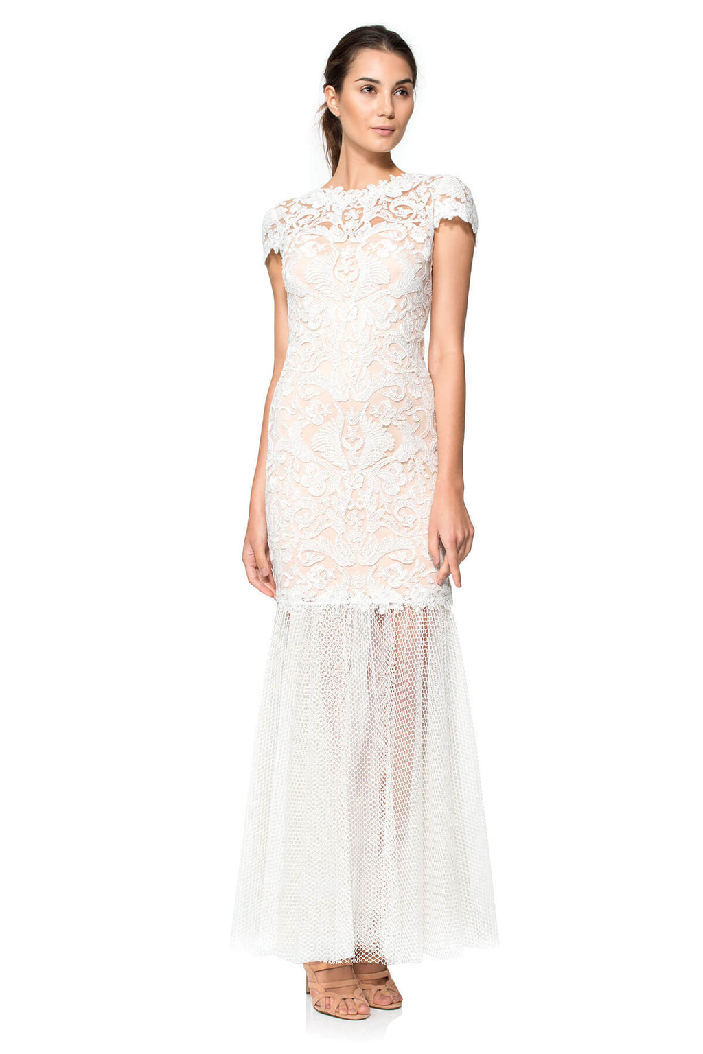 Corded Embroidery on Tulle Cap Sleeve Gown