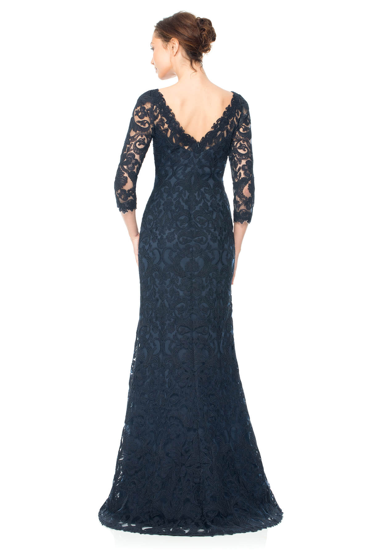 Corded Embroidery on Tulle ¾ Sleeve Gown