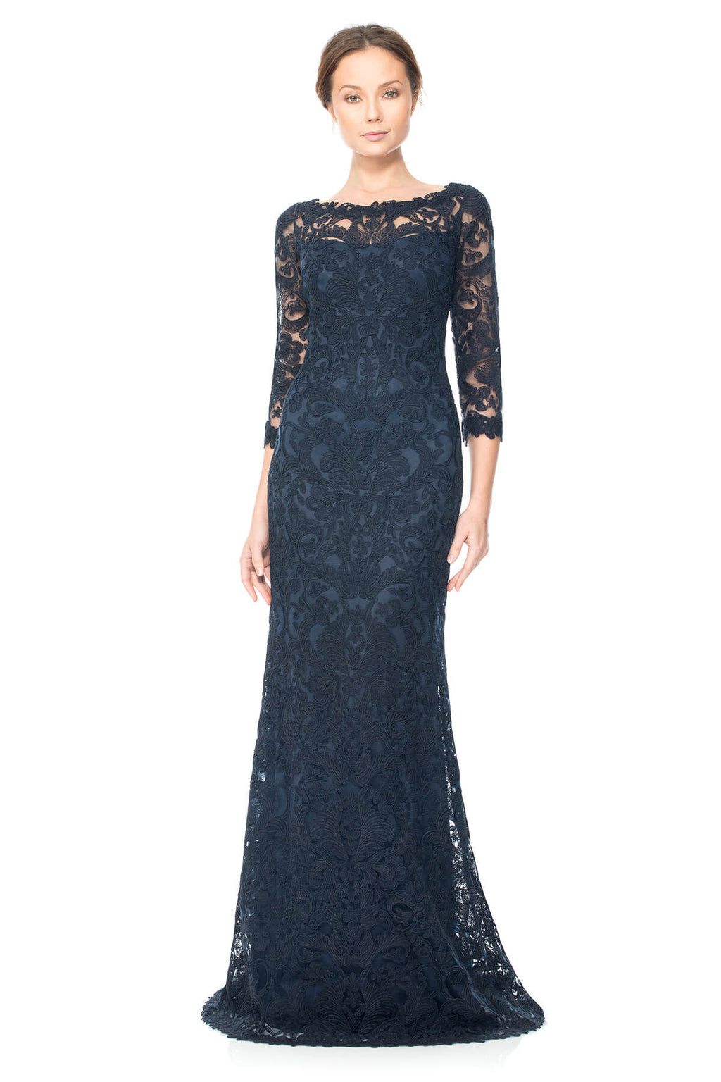 Corded Embroidery on Tulle ¾ Sleeve Gown