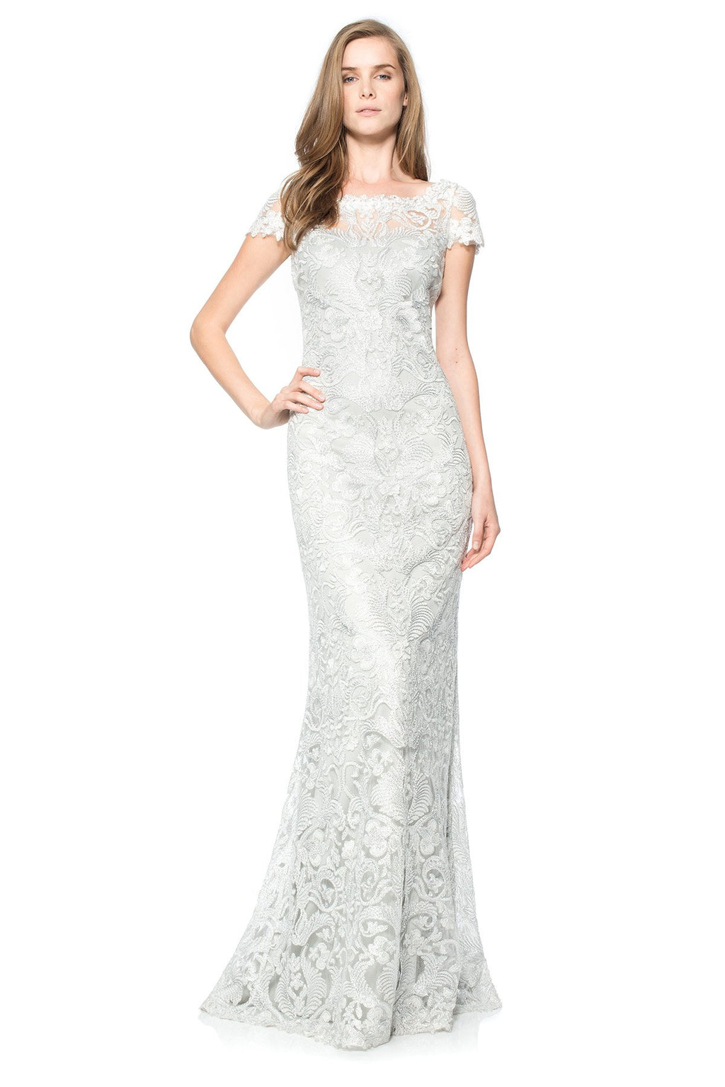 Corded Embroidery on Tulle Cap Sleeve Gown