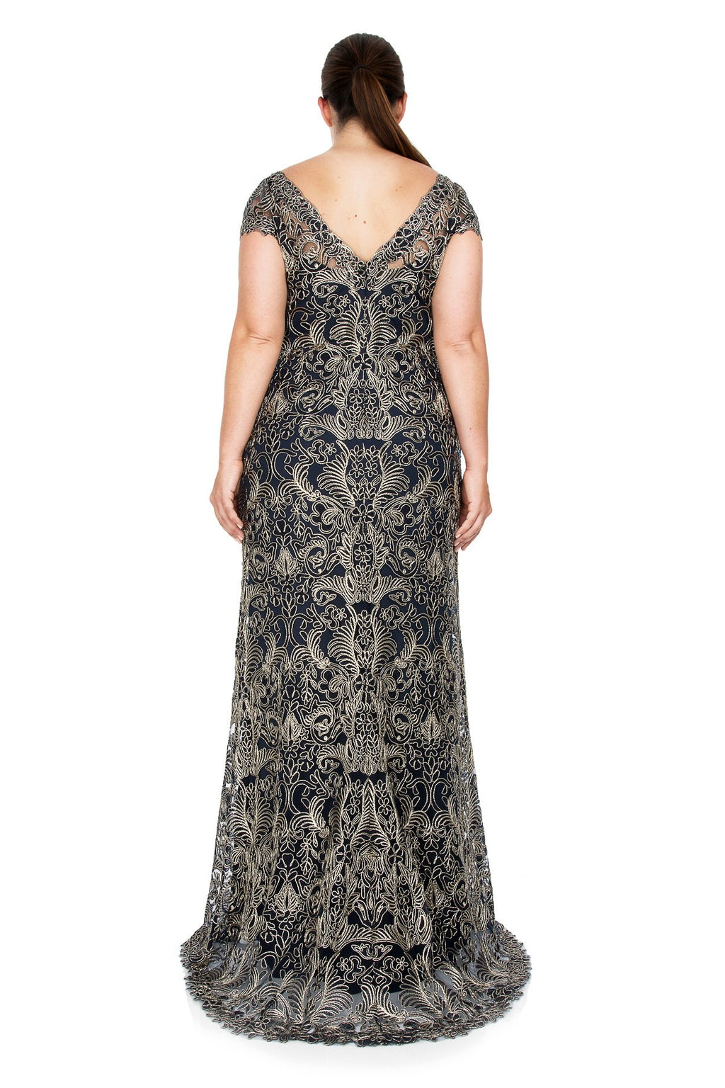 Tadashi Shoji Plus Size - Corded Embroidery on Tulle Cap Sleeve Gown