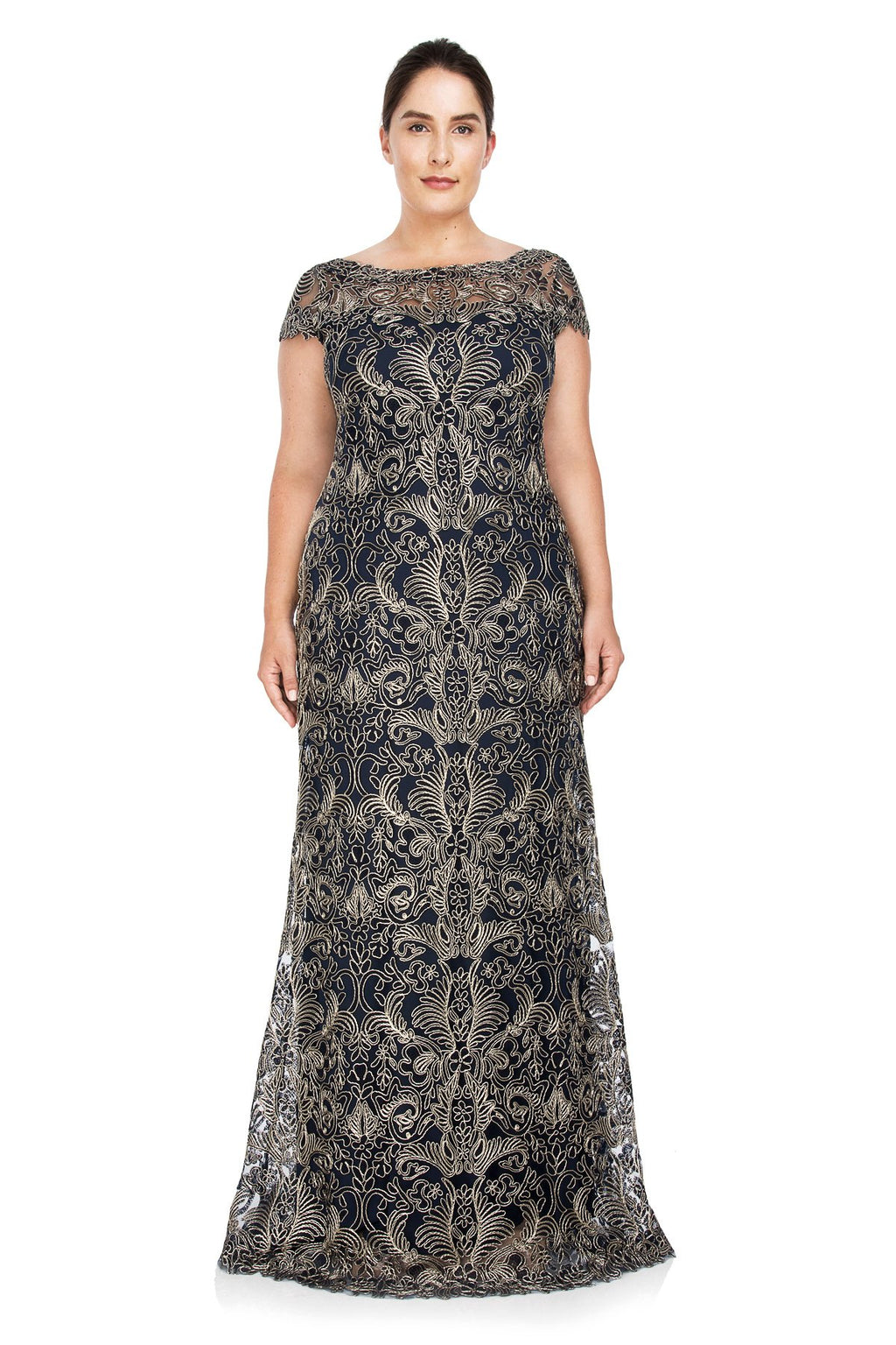 Tadashi Shoji Plus Size - Corded Embroidery on Tulle Cap Sleeve Gown