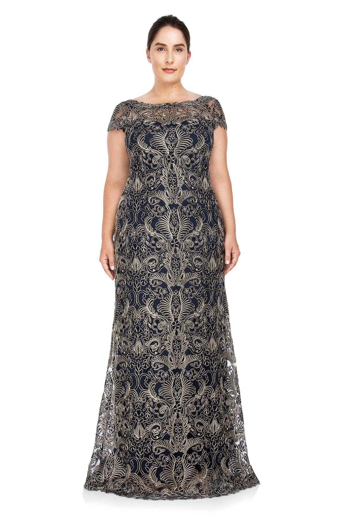 Tadashi Shoji Plus Size - Corded Embroidery on Tulle Cap Sleeve Gown