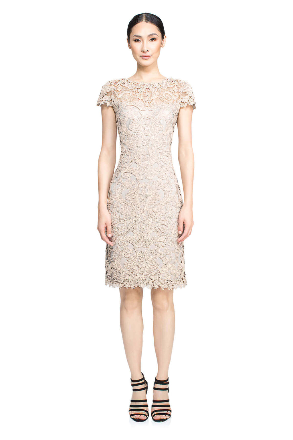 Tadashi Shoji Petite - Corded Embroidery on Tulle Cap Sleeve Dress