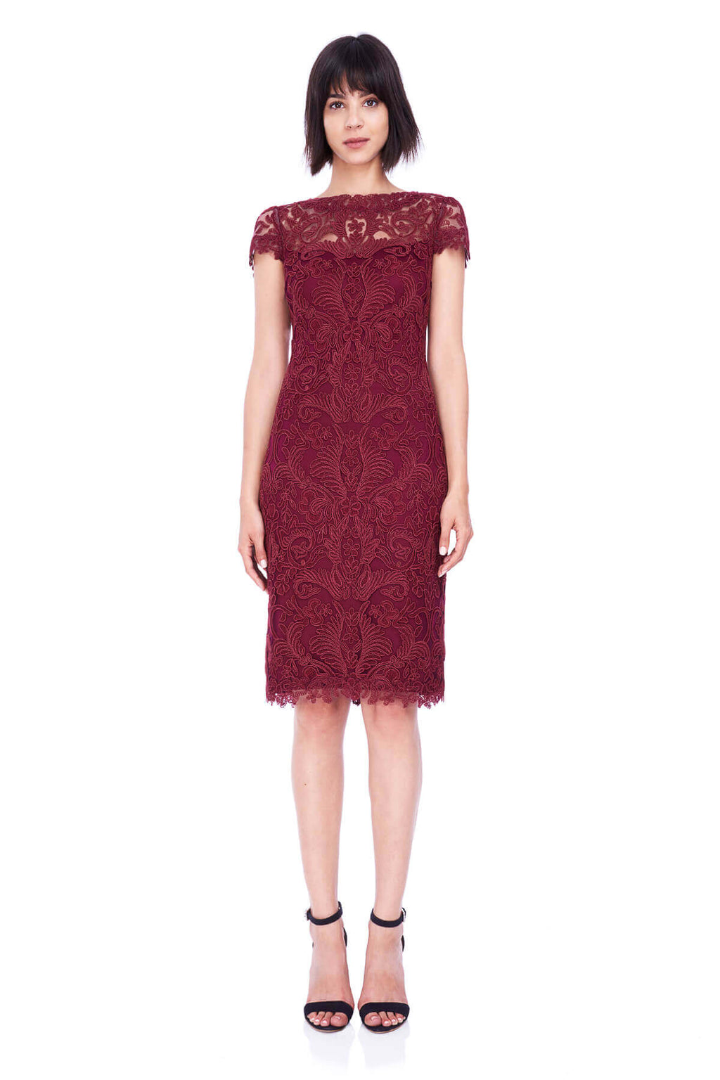 Tadashi Shoji Petite - Corded Embroidery on Tulle Cap Sleeve Dress