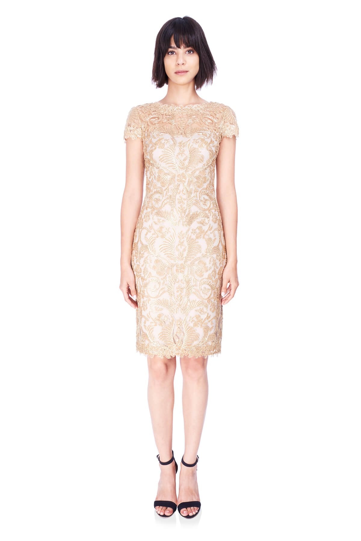 Tadashi Shoji - Corded Embroidery on Tulle Cap Sleeve Dress