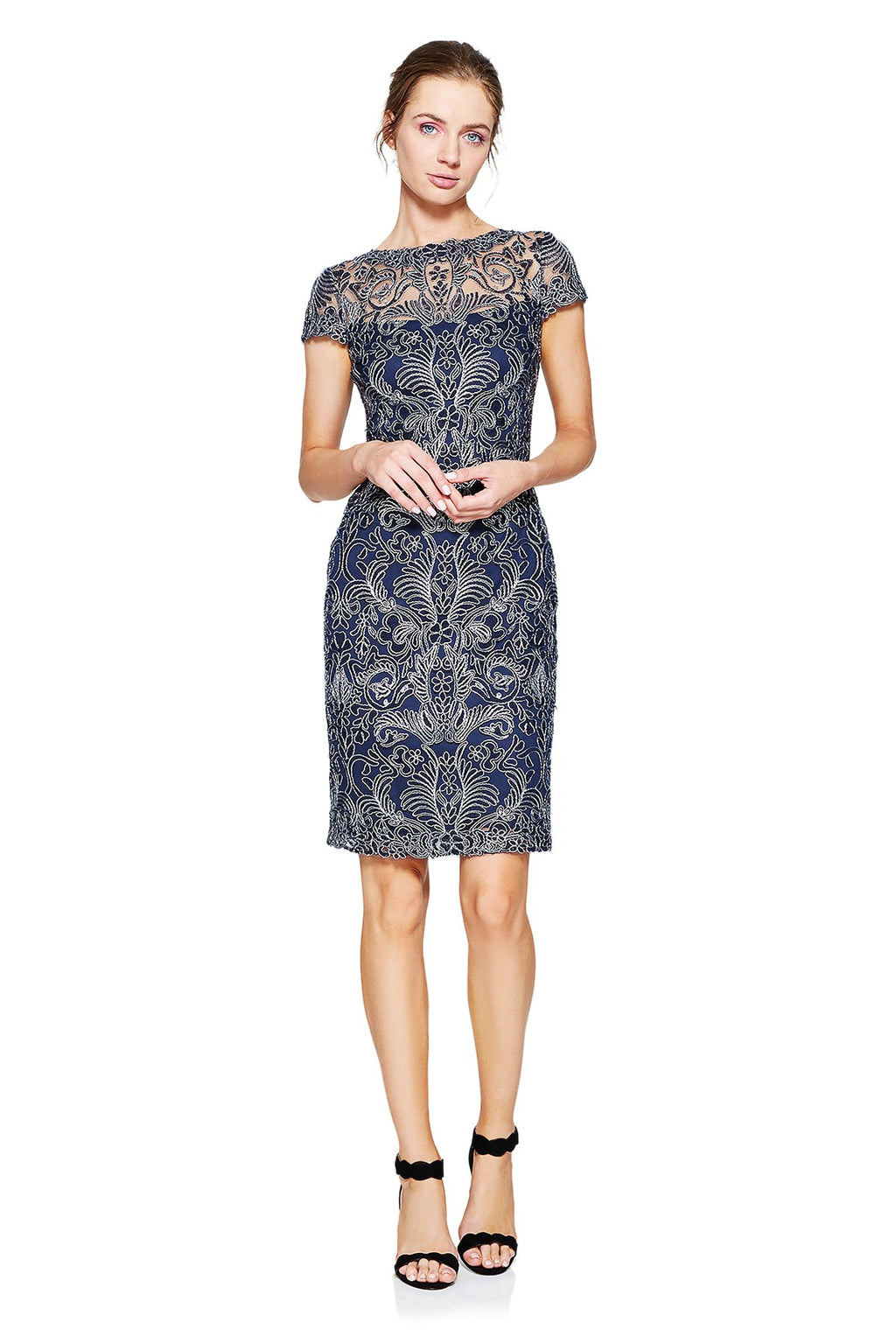 Tadashi Shoji - Corded Embroidery on Tulle Cap Sleeve Dress