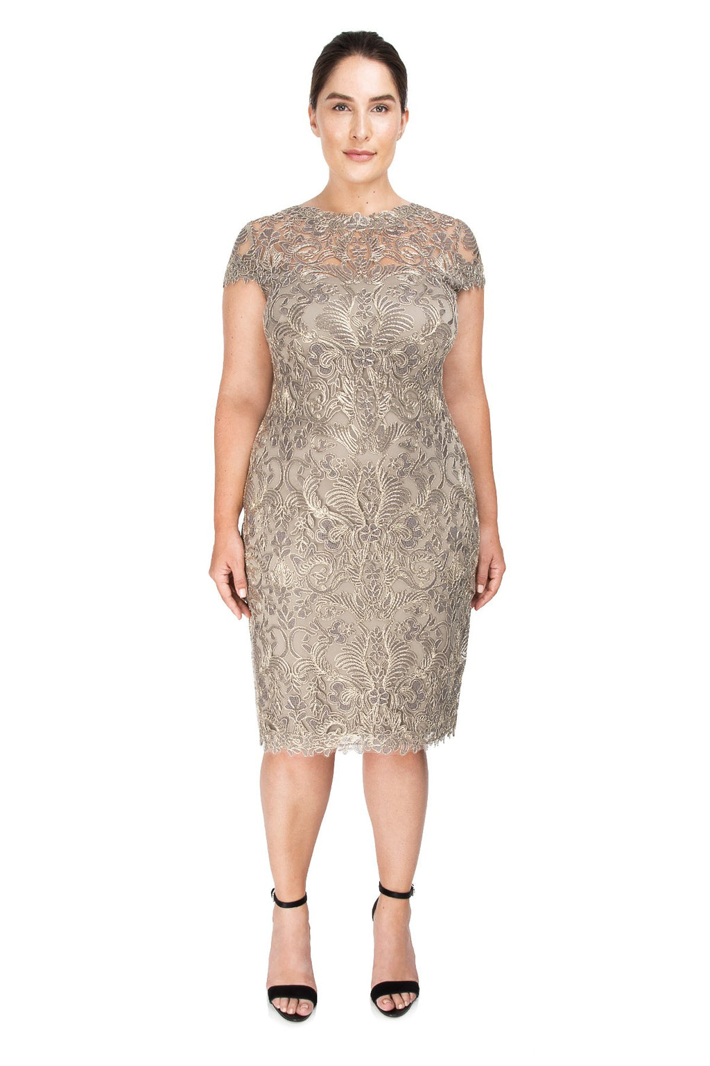 Tadashi Shoji Plus Size - Corded Embroidery on Tulle Cap Sleeve Dress
