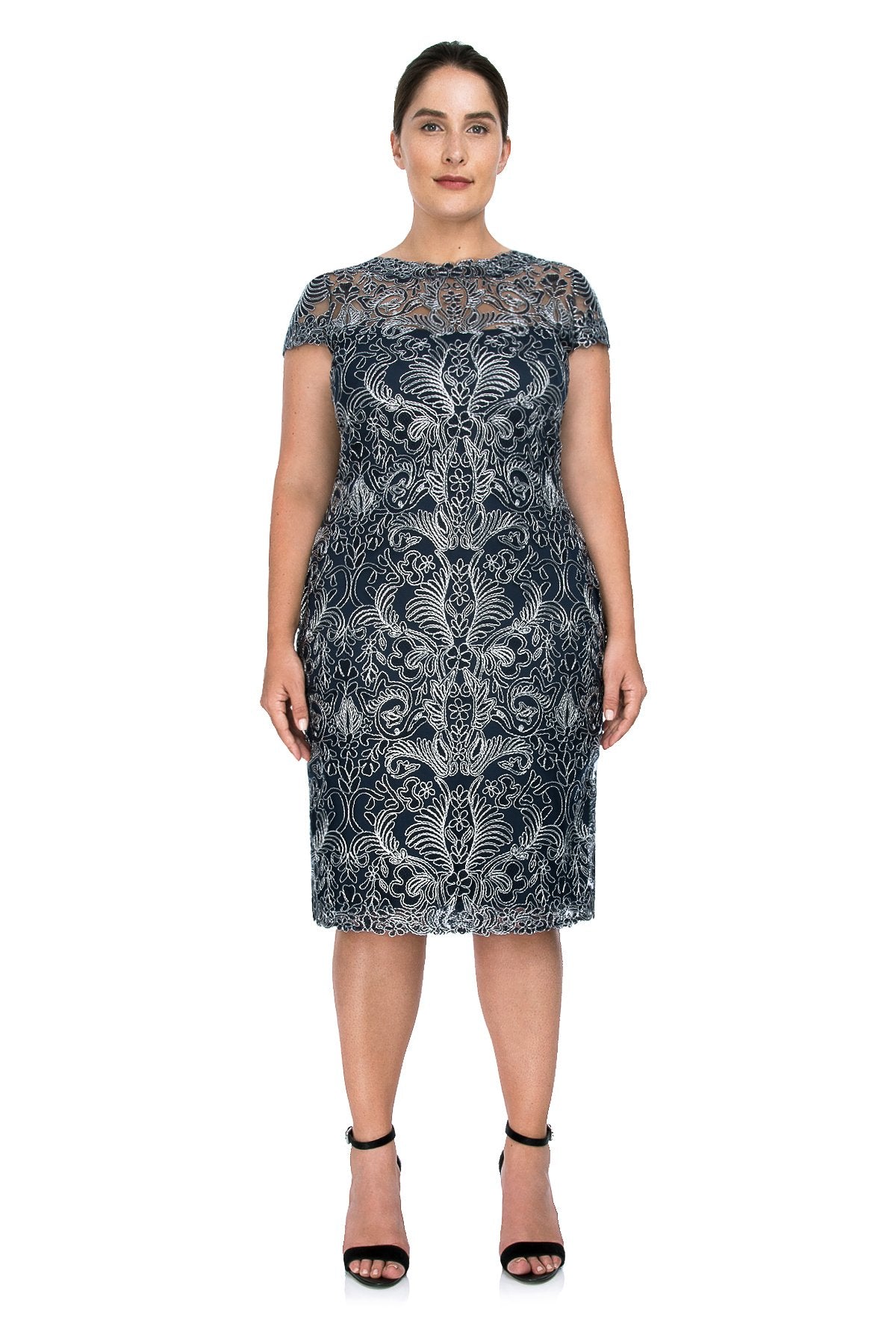 Tadashi Shoji Plus Size - Corded Embroidery on Tulle Cap Sleeve Dress