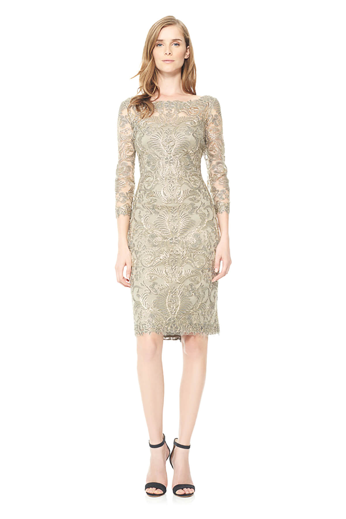 Tadashi Shoji Petite - Corded Embroidery on Tulle 3/4 Sleeve Dress