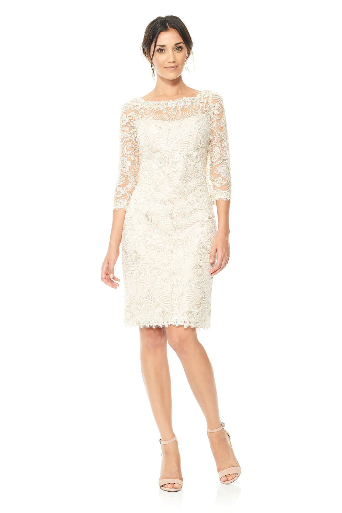 Tadashi Shoji - Corded Embroidery on Tulle 3/4 Sleeve Dress