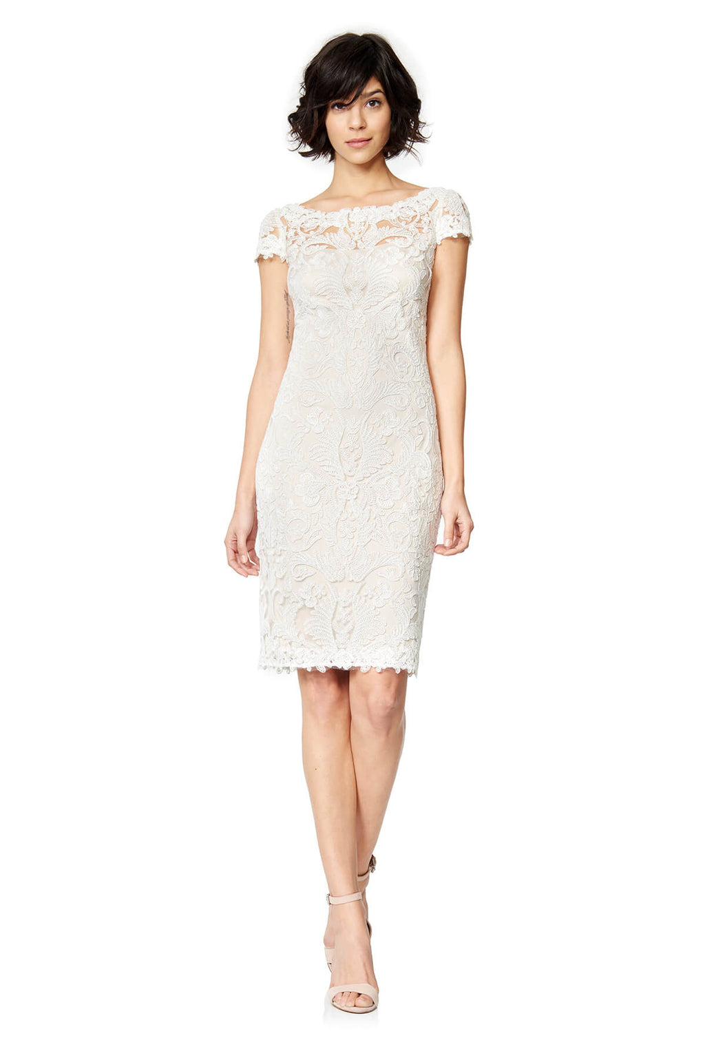 Tadashi Shoji - Corded Embroidery on Tulle Dress with Sheer Illusion Neckline