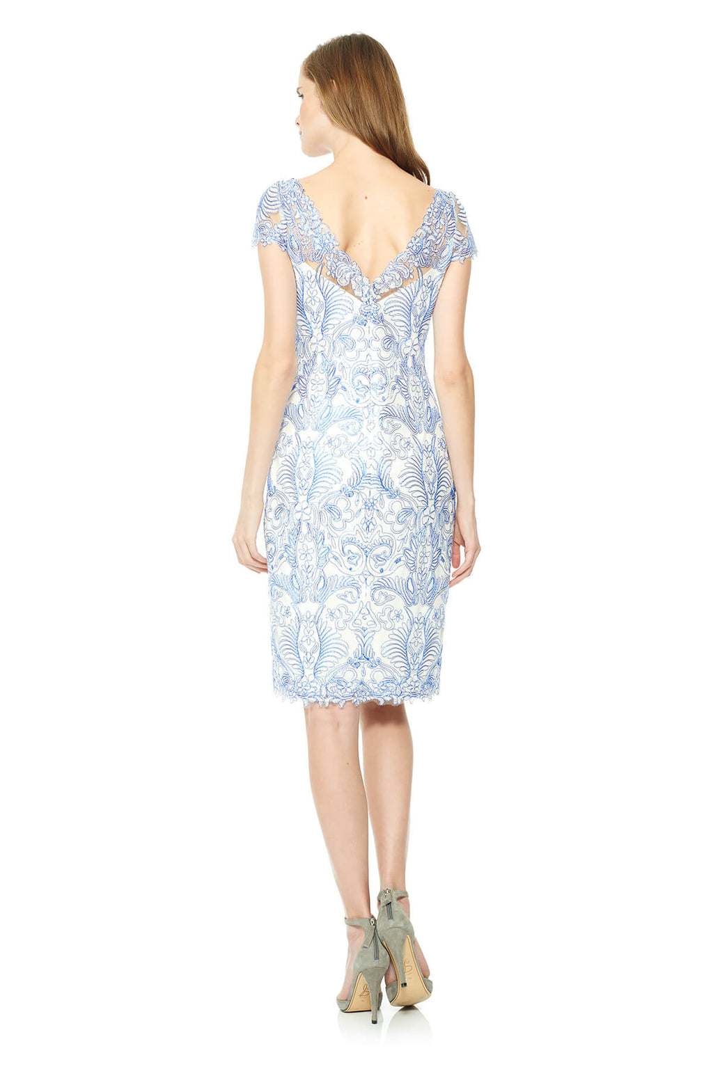 Tadashi Shoji - Corded Embroidery on Tulle Dress with Sheer Illusion Neckline