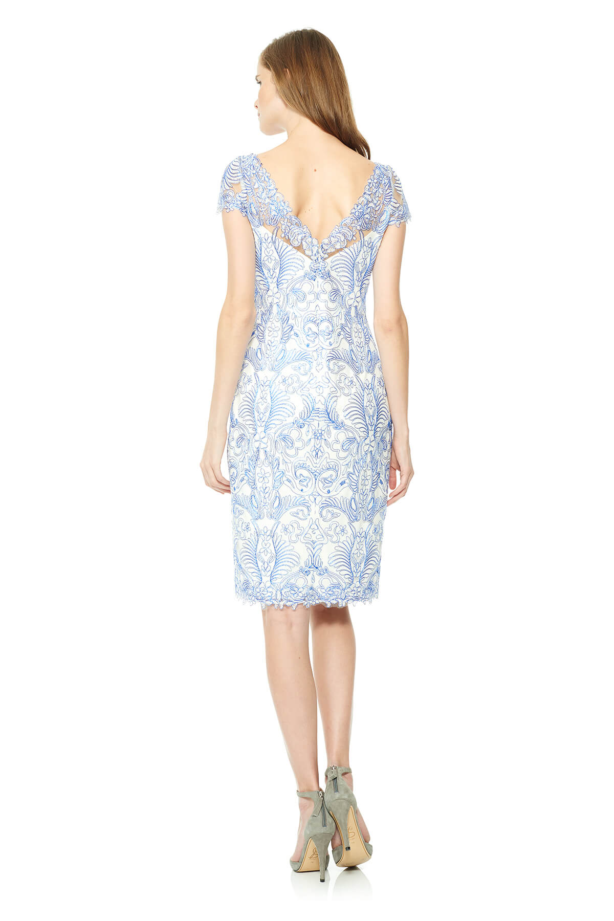 Tadashi Shoji - Corded Embroidery on Tulle Dress with Sheer Illusion Neckline