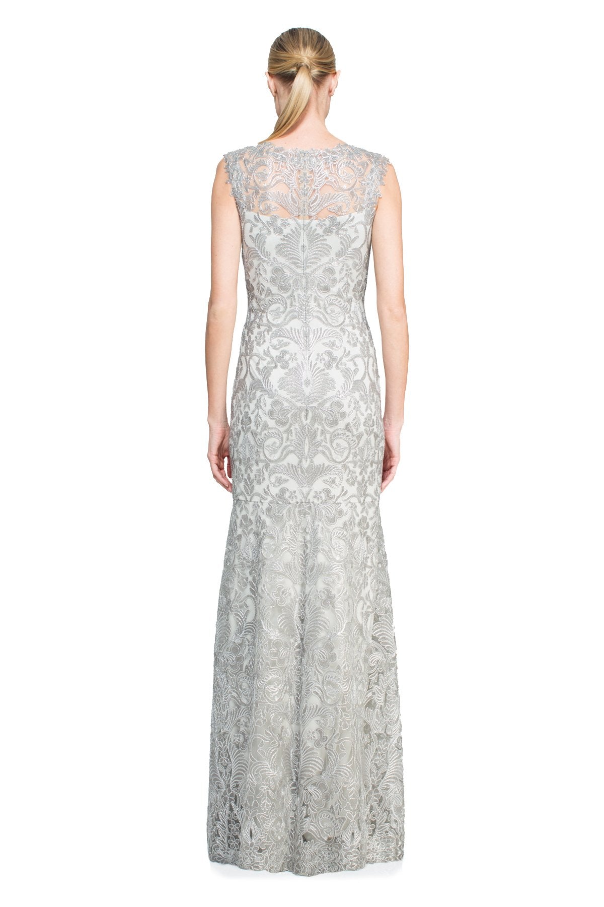 Tadashi Shoji - Metallic Corded Embroidery on Tulle V-Neck Gown